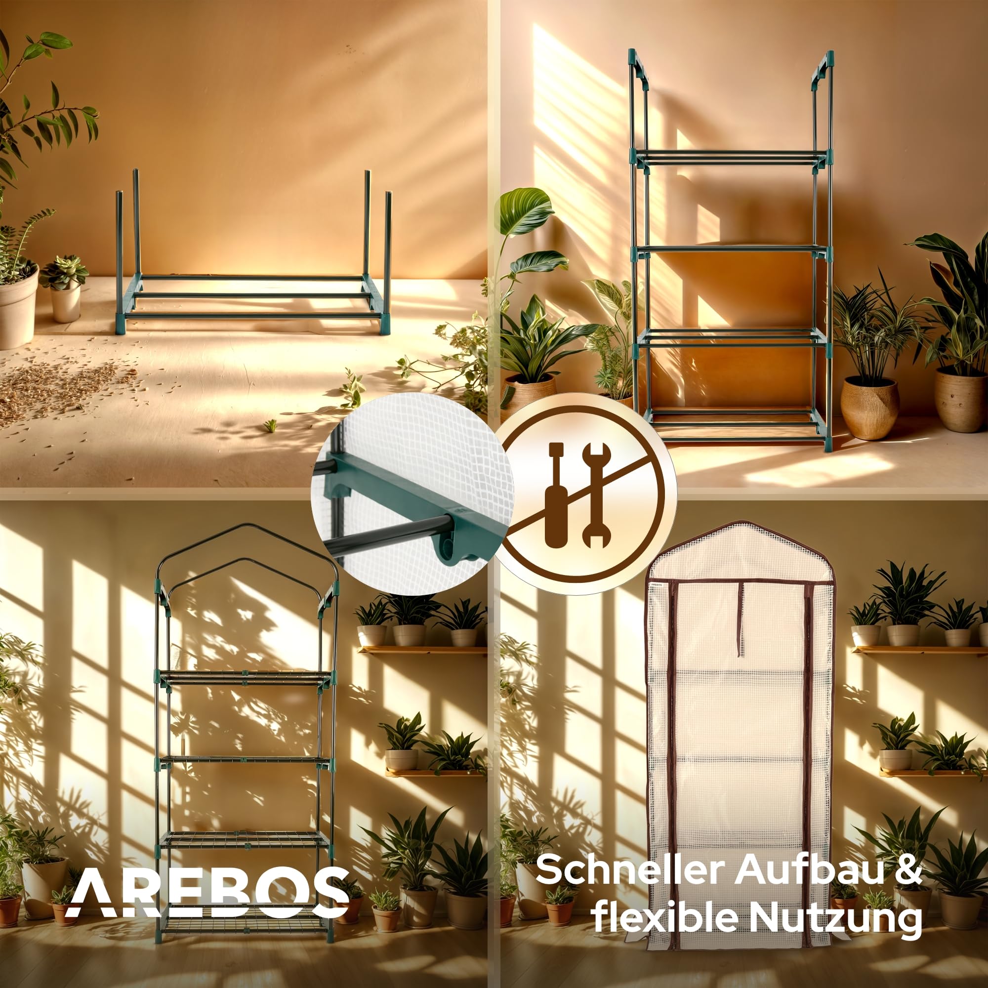Arebos Premium Foliengewächshaus Gewächshaus mit 4 Etagen - 70 x 50 x 158 cm Treibhaus mit 4 Regalen - Platzsparend, Hochwertiges Anzuchthaus Garten Balkon Stabil & Einfach zu Montieren