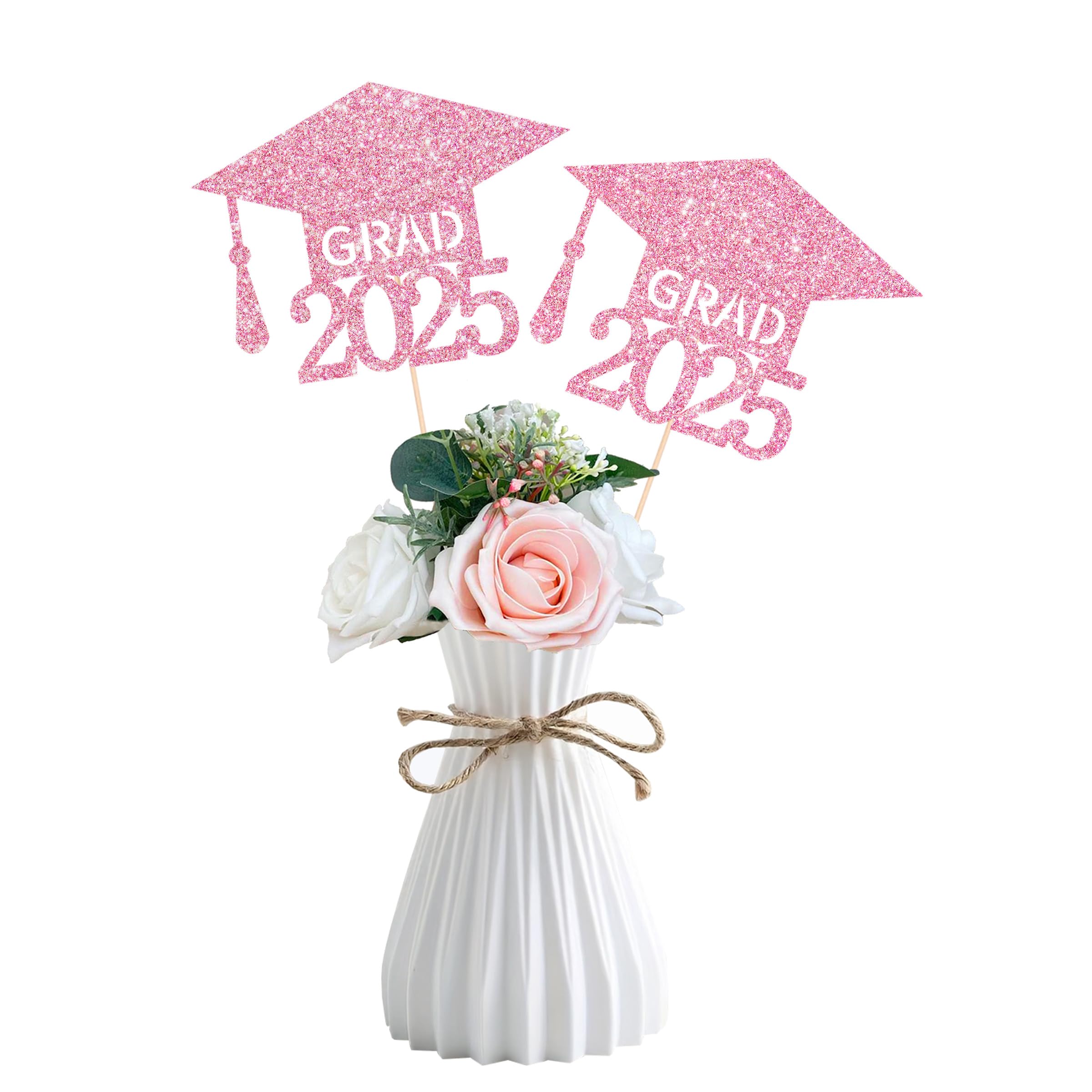 Class of 2025 Graduation Centerpieces for Tables, 2025 Graduation Glitter Double-Sided Cap Table Decorations Party Centerpiece Sticks Table Topper Party Favors Supplies(10 PCS, Pink)