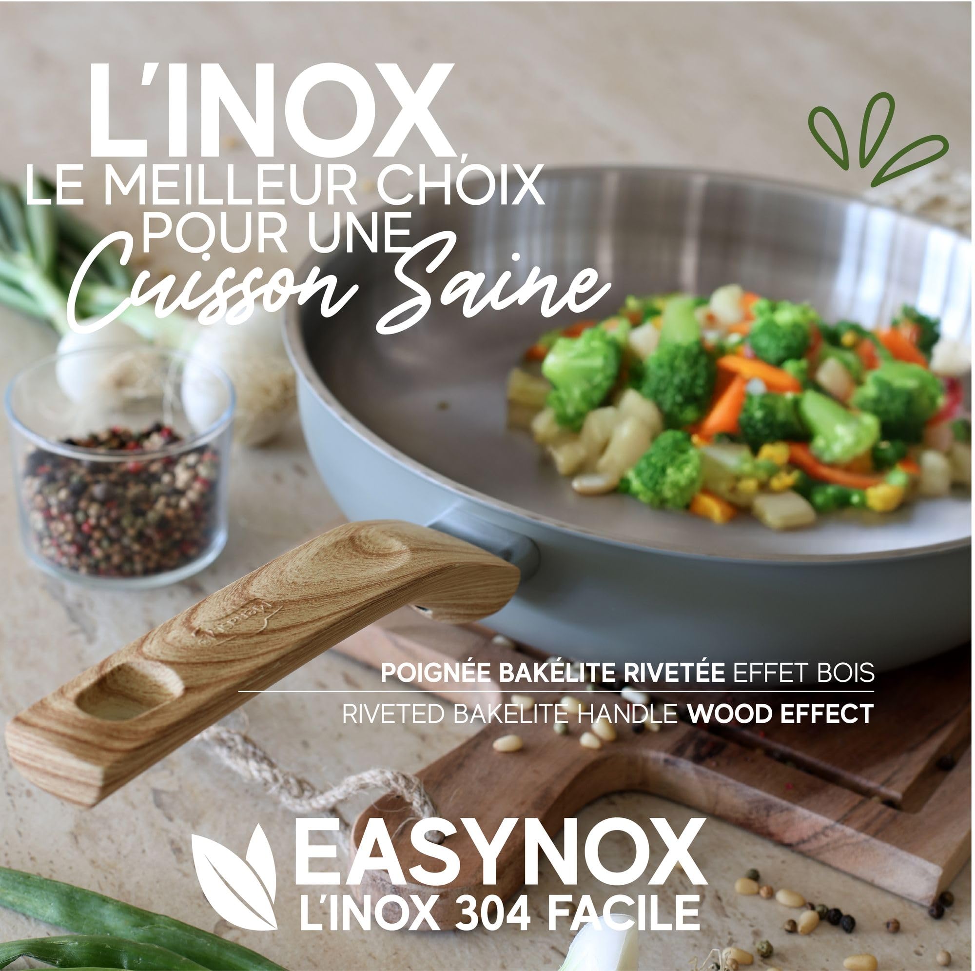 MENASTYL - Batterie de cuisine 5 pièces inox 18/10 Triply tous feux dont induction fabriquée en France sans PFAS - Compatible lave-vaisselle - 2 poêles, 2 casseroles, 1 wok - Poignée rivetée - 6014204