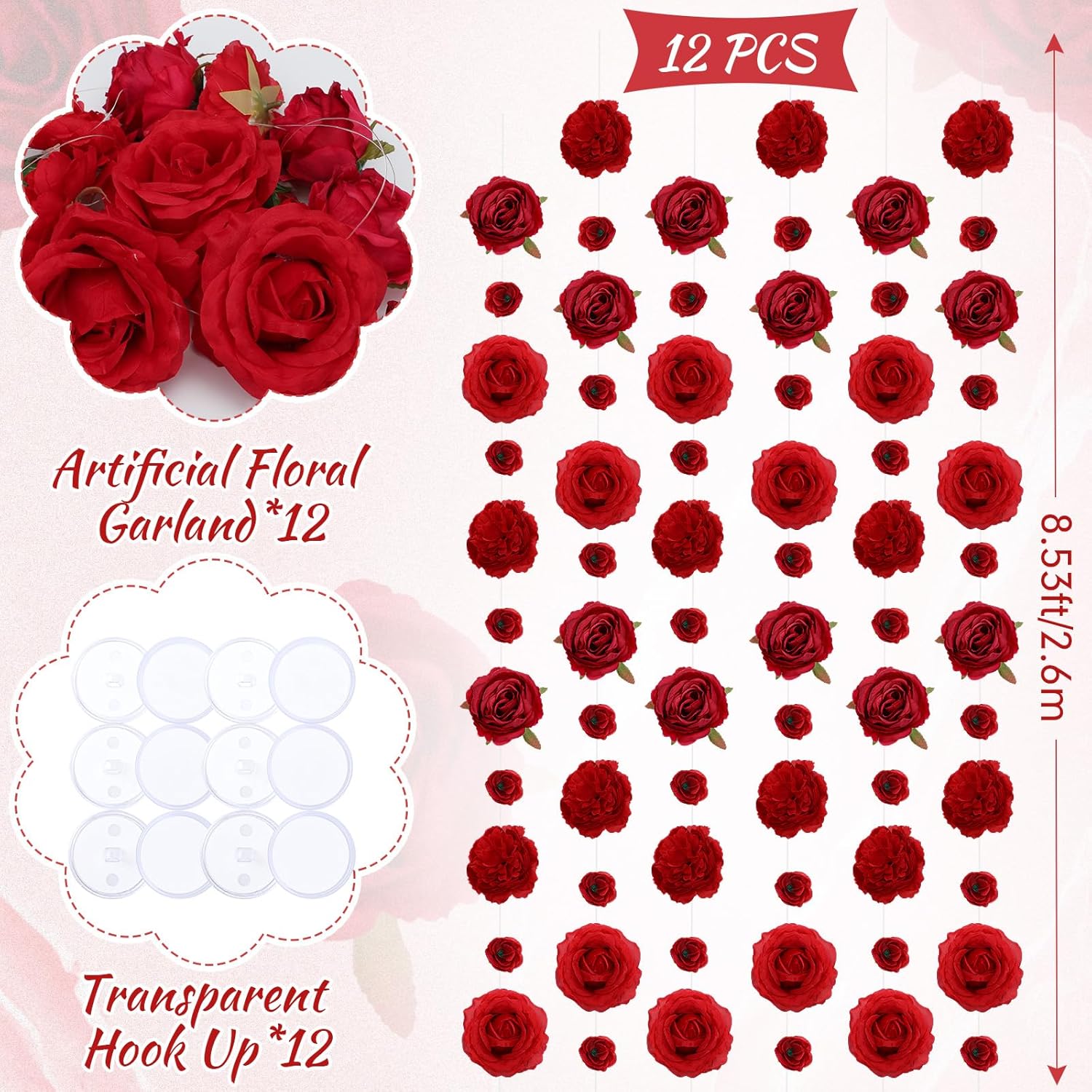 Norme 12 Pcs Valentine's Day Artificial Flower Garlands 6.6 ft Hanging Rose Decorations with Hooks Wildflower Backdrop Fake Floral Garlands Faux Silk Flower for Wedding Birthday Party(Red)