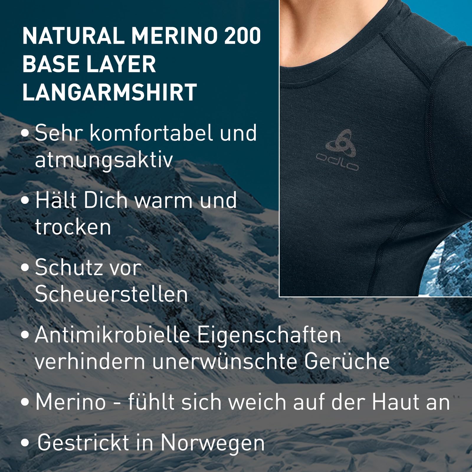 Odlo Thermounterwäsche Merino 200 | Merino Unterwäsche für Herren | Langarm-Thermoshirt