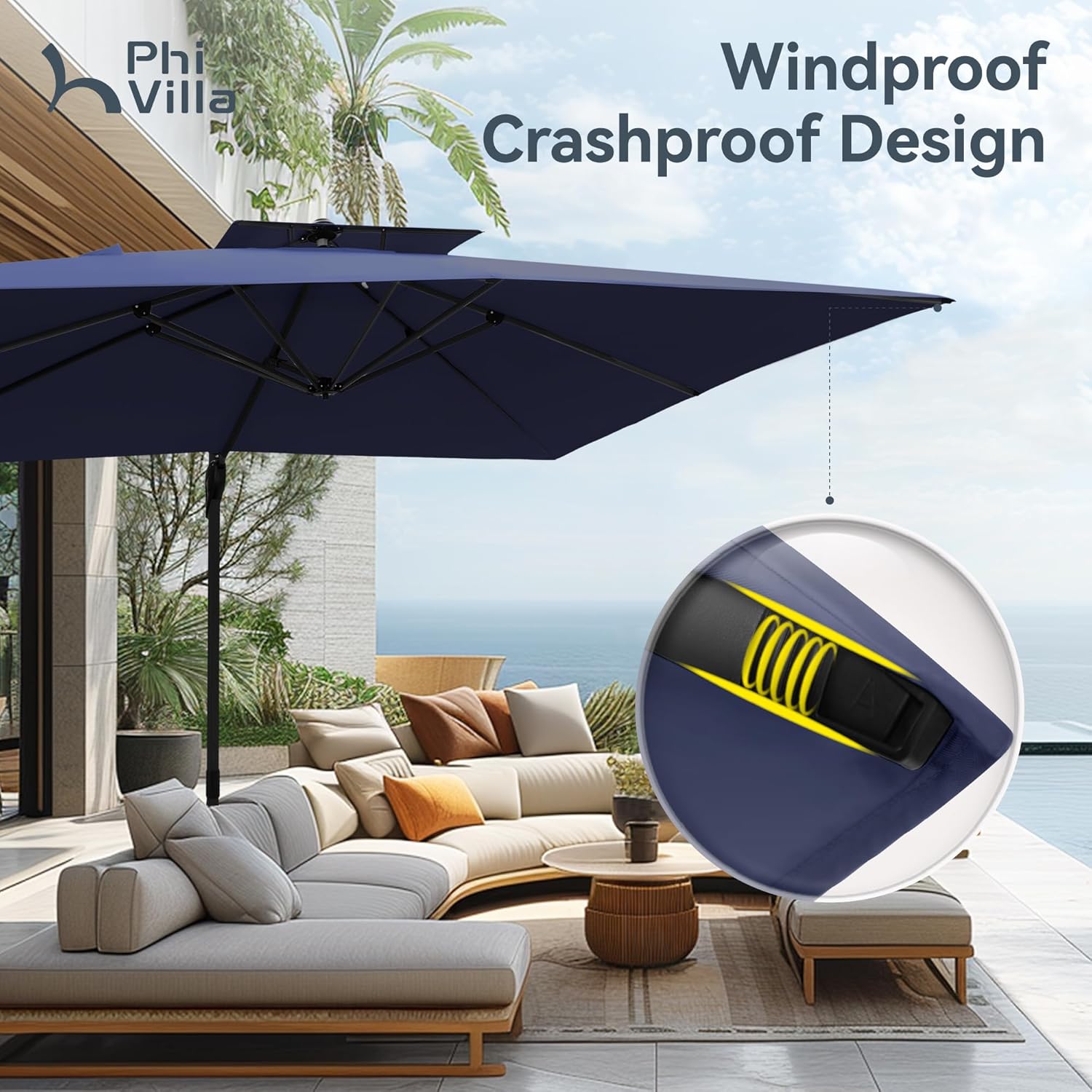 PHI VILLA 9' X 12' Cantilever Patio Umbrella with Base, Outdoor Large Rectangular Umbrellas with 360°Rotation, Heavy Duty Hydraulic Double Umbrella Windproof for Outside, Navy Blue - Image 3