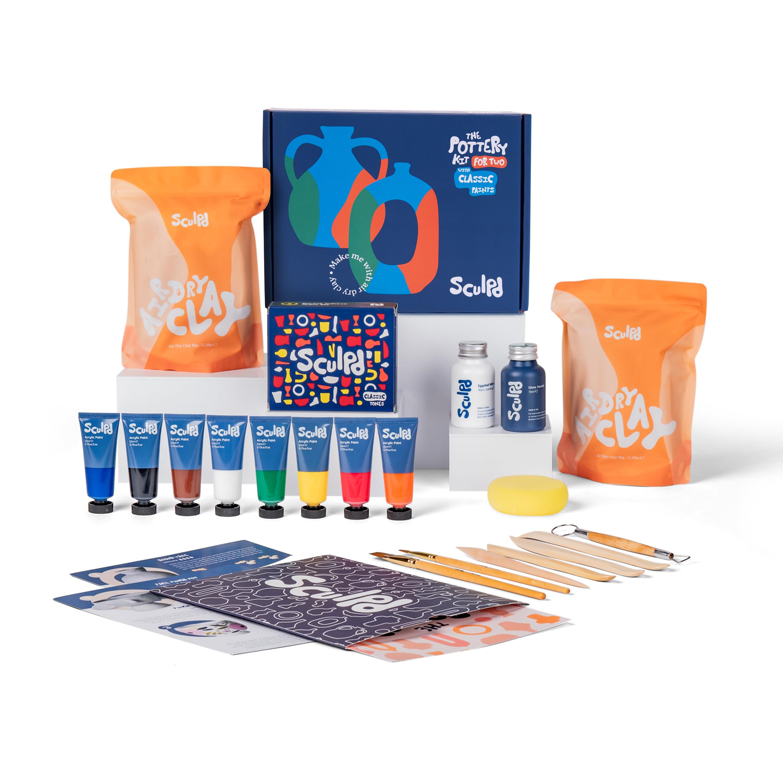 Sculpd - The Original Pottery Kit for Two, Air-Dry Clay Starter Kit for Beginners with Matte Varnish, Paints, Tools and Guide (Gloss Varnish with Classic Tones)