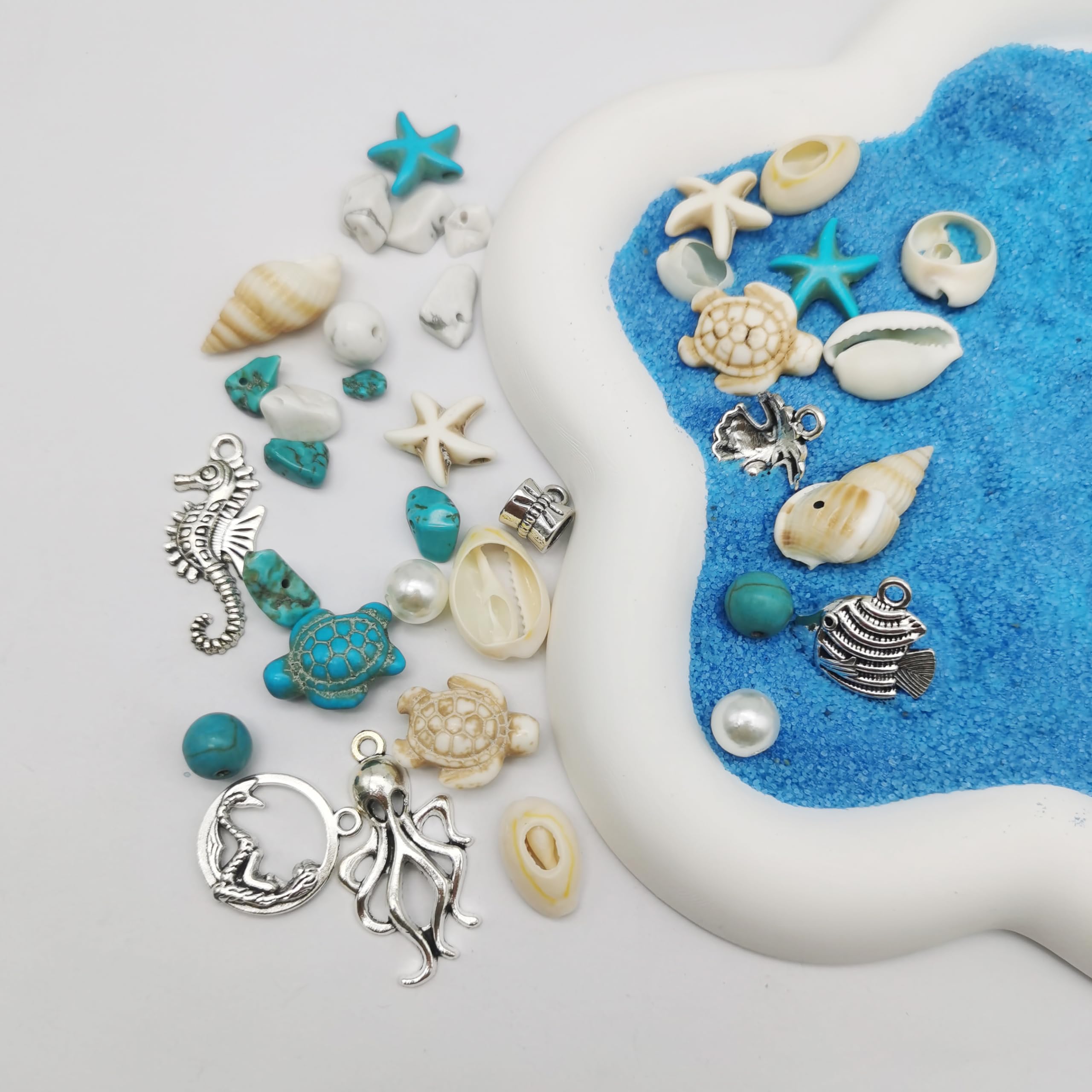 422 colgantes de aleación de plata antigua, conchas marinas, cuentas de turquesa hechas por el hombre, estrellas de mar, tortuga, océano, dijes para hacer joyas, collar de cuentas de playa 2