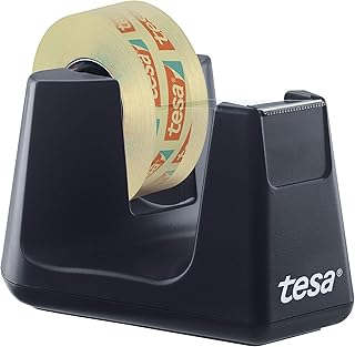 tesa® Easy Cut Smart dyspenser - solidny dozownik z funkcją antypoślizgową w kolorze czarnym i przezroczystą taśmą samoprzylepną - 1 transparentnych rolek tesafilm 10 m x 19 mm
