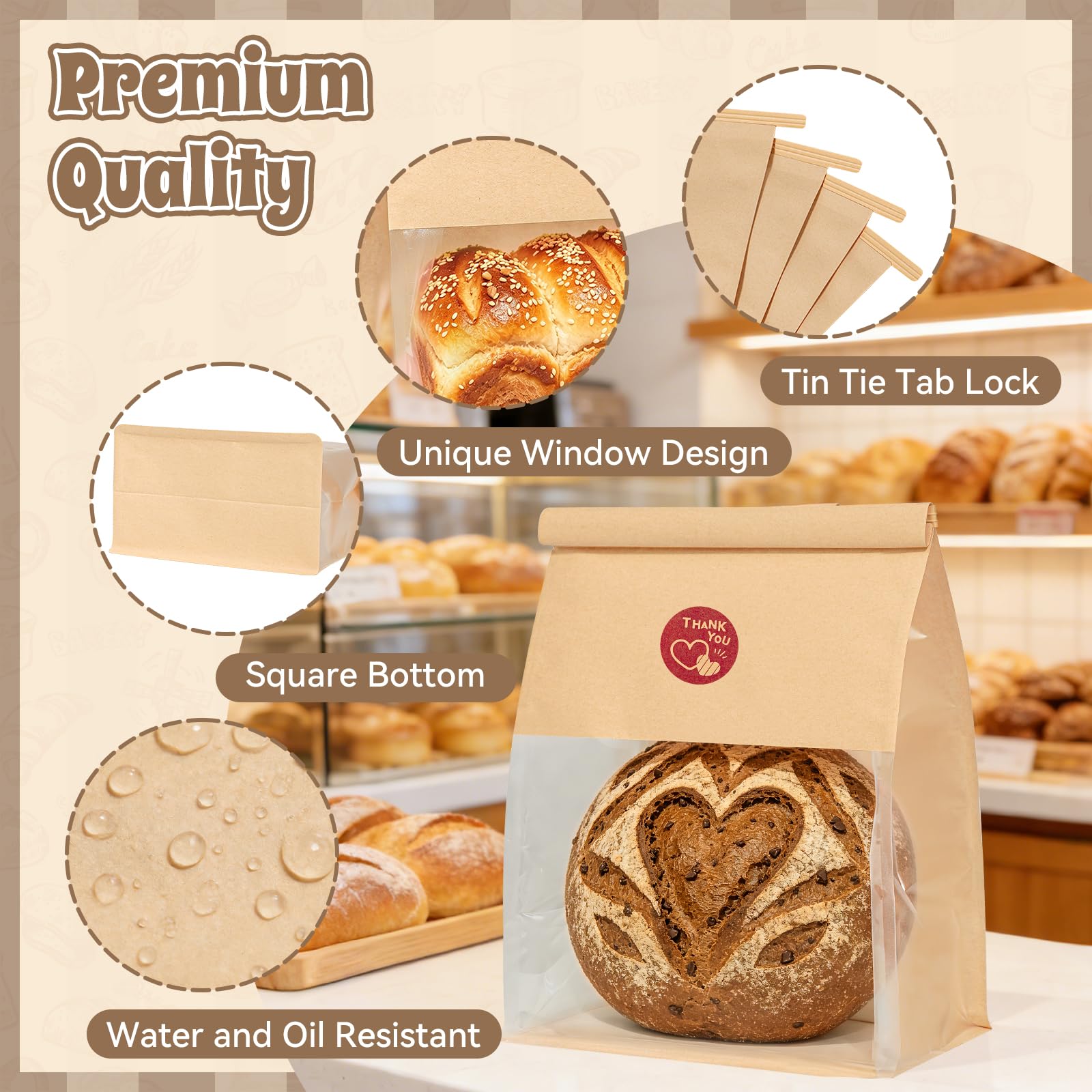 Funcoo 50 bolsas de pan con pestañas para pan casero de masa madre panadería bolsas de almacenamiento con ventana/corbatas, bolsa grande de pan de panadería para embalaje de productos horneados (11 x