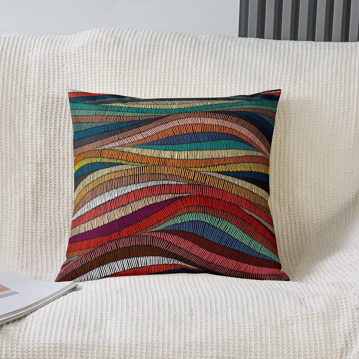 Erosebridal Pack of 4 Boho Throw Pillow Covers 20x20 Bohemian Wavy Pillow Covers Rainbow Embroidered Waves Cushion Covers Geometric Tribal Ethnic Colorful Abstract Decorative Pillow Covers for Adult