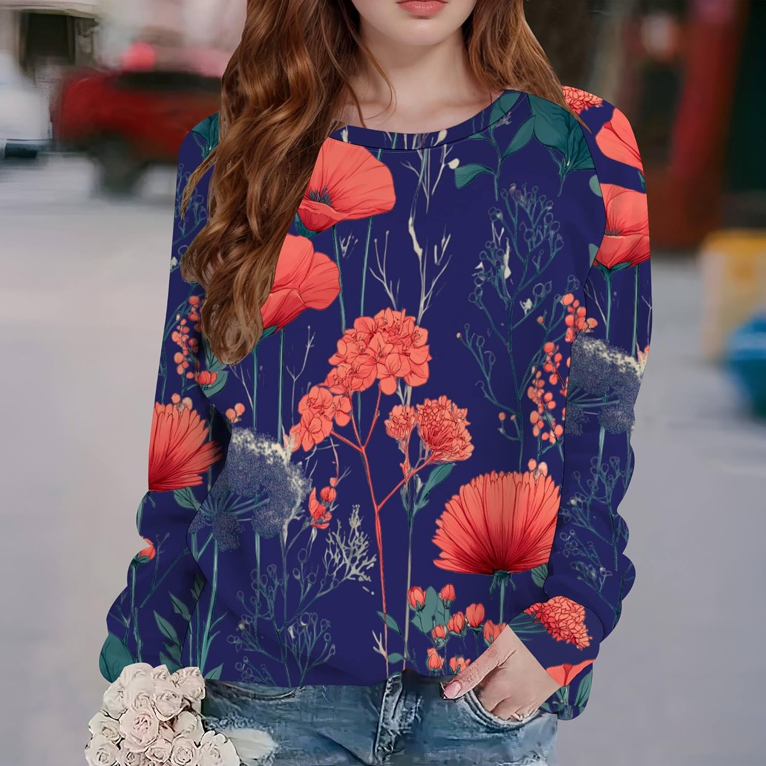 Retro Flower Print Sweatshirts for Women Crewneck Long Sleeve Elegant Tunic Tops Loose Pullover Sweatshirts Outfits - Image 2