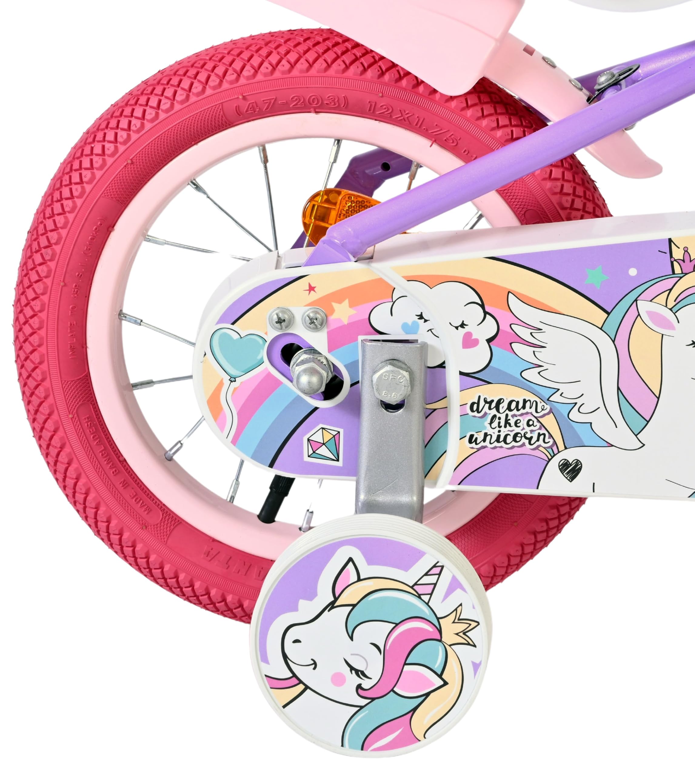 Volare Kinderfahrrad lila mit Einhorn-Sitz & rosa Felgen | Rücktritt & Handbremse | Stützräder | 3–5 Jahre | Robuste Reifen | Leicht montierbar | Geschenkidee