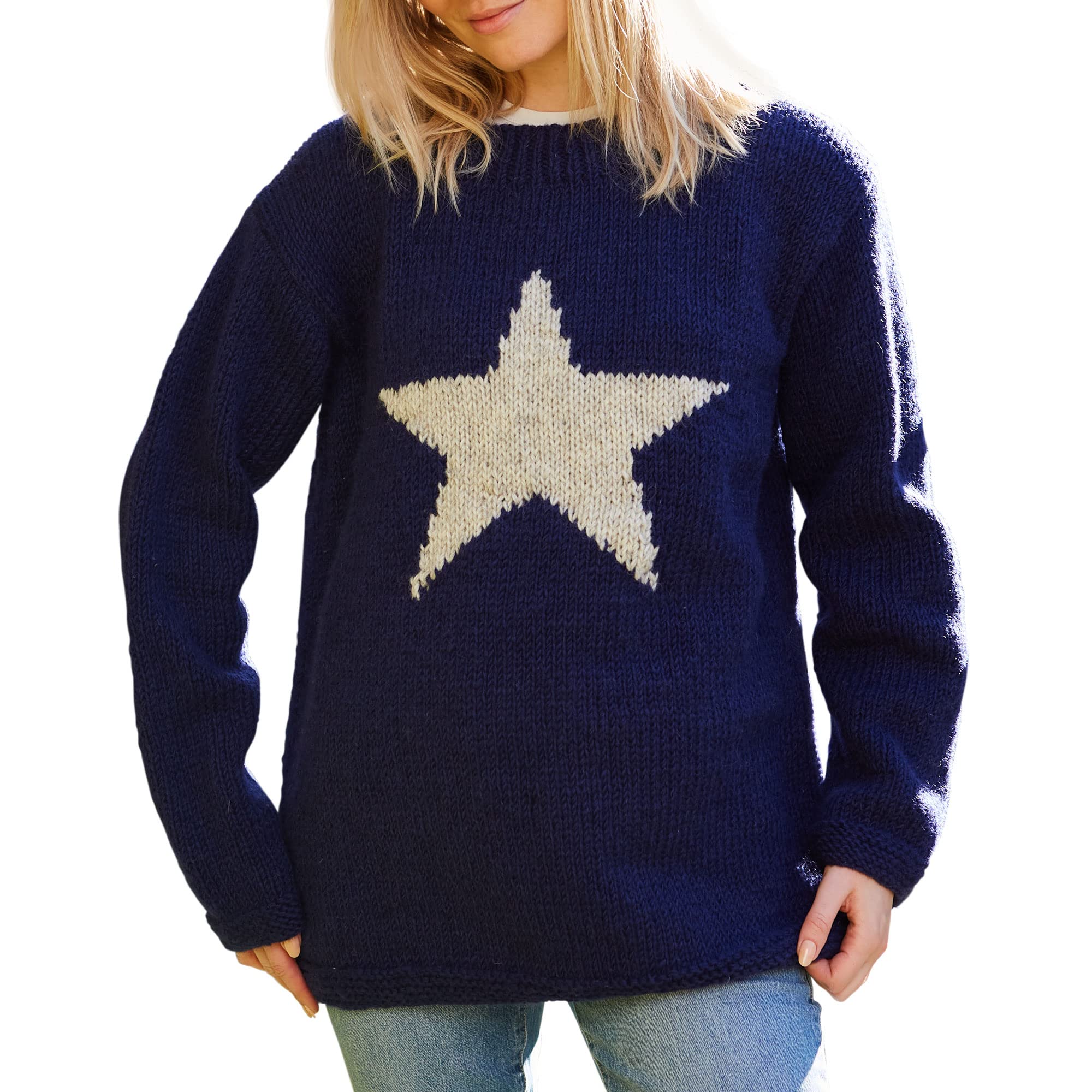 Pachamama Women Wool Jumper Handknitted Star Design Handmade Extra Warm Sweater Fair Trade (as8, Alpha, s, Regular, Regular, Navy)