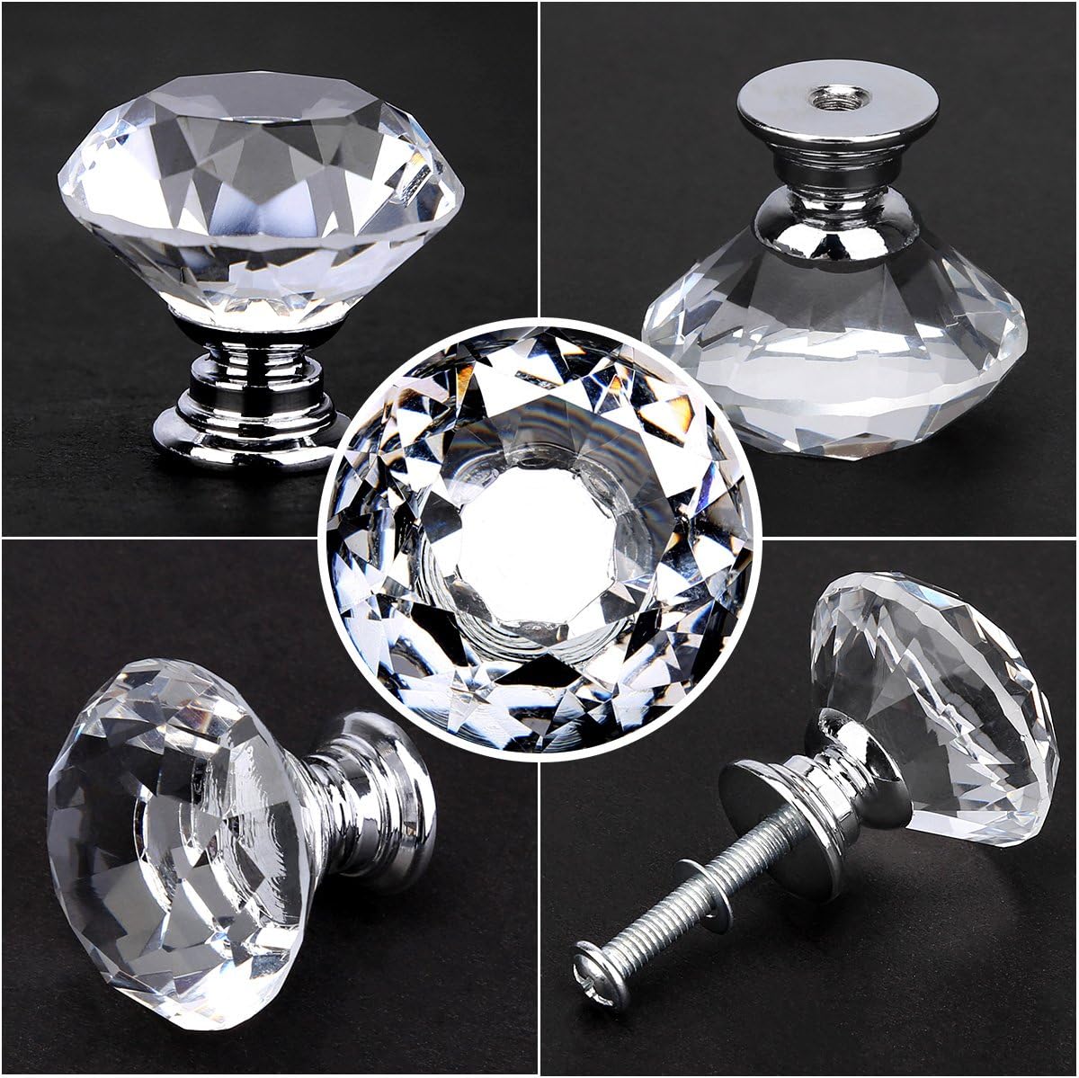 HOMEIDEAS 10PCS 30MM Crystal Drawer Knobs Glass Cabinet Knobs Diamond Shaped Drawer Pulls Handle for Home, Cabinet, Cupboard and Dresser, 3 Size Screws