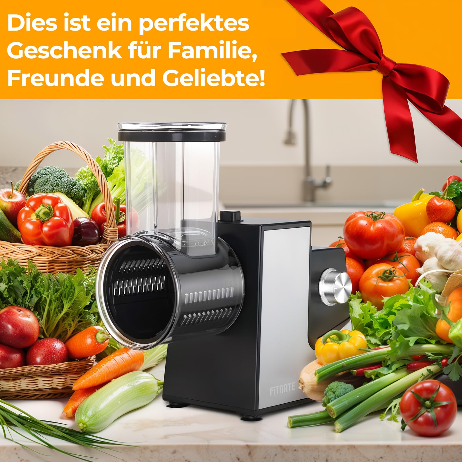 FITNATE Gemüseschneider Elektrisch, Elektrische Käsereibe, Käsereibe, Reibe für Gemüse mit 5 Einsätzen, Küchenmaschine, Silber, Reibe für Obst und Gemüse, Käse, 250 W mit Eu stecker | große Einfüllöffnung, rutschfeste Saugfüße