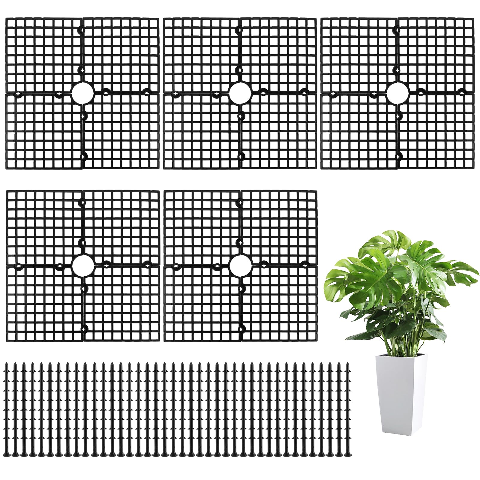 YAYODS 5er Set Blumentopf-Schutzgitter 30 x 30 cm Schwarz - zuschneidbare ABS-Topfabdeckung mit 40 Fixierstiften 10 cm - Pflanzengitter gegen Katzen für Zimmerpflanzen und Pflanzkübel