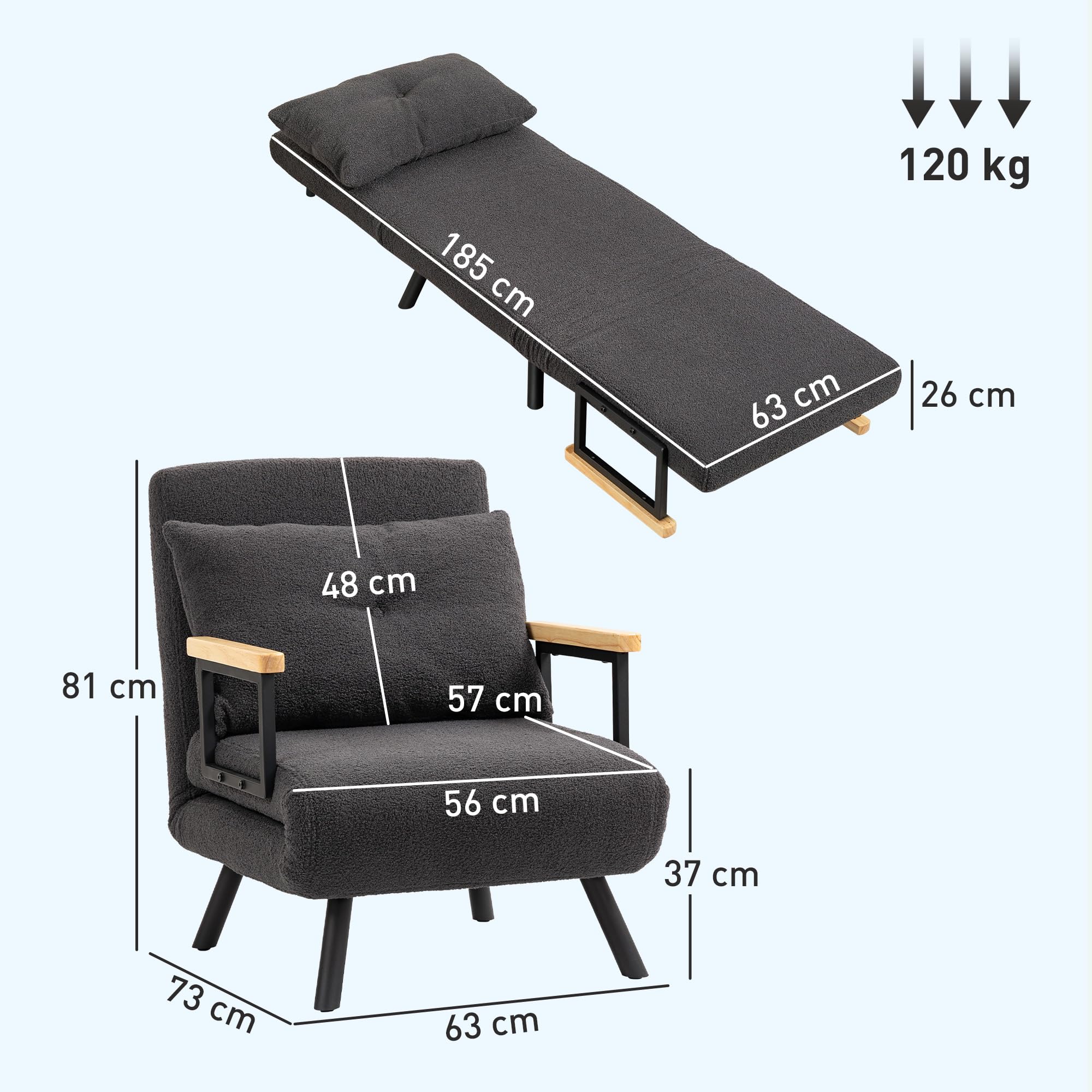 HOMCOM Sofá Cama de 1 Plaza Sofá Cama Plegable Tapizado en Borreguito con Respaldo Ajustable de 5 Niveles y Almohada Acolchada para Oficina Dormitorio Salón 63x73x81 cm Gris Oscuro