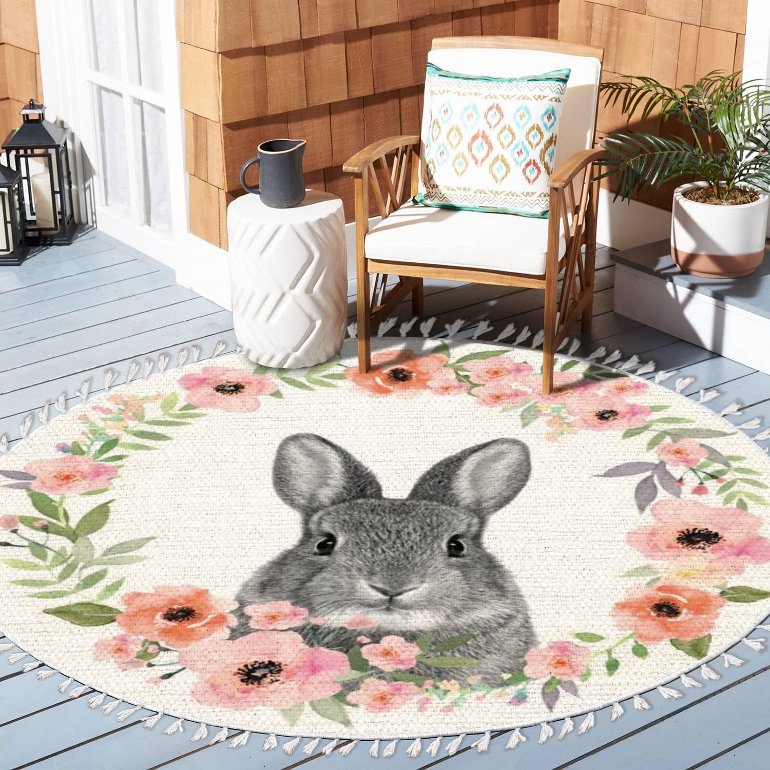 Woodland Animals Round Rugs Flower Crown Rabbit Barn Animal Boho Area Rug in Pastel Color Linen and Cotton Carpet Nursery Rug Washable Hallway Runner Mat Accent Rug for Bedroom Powder Room 4ft