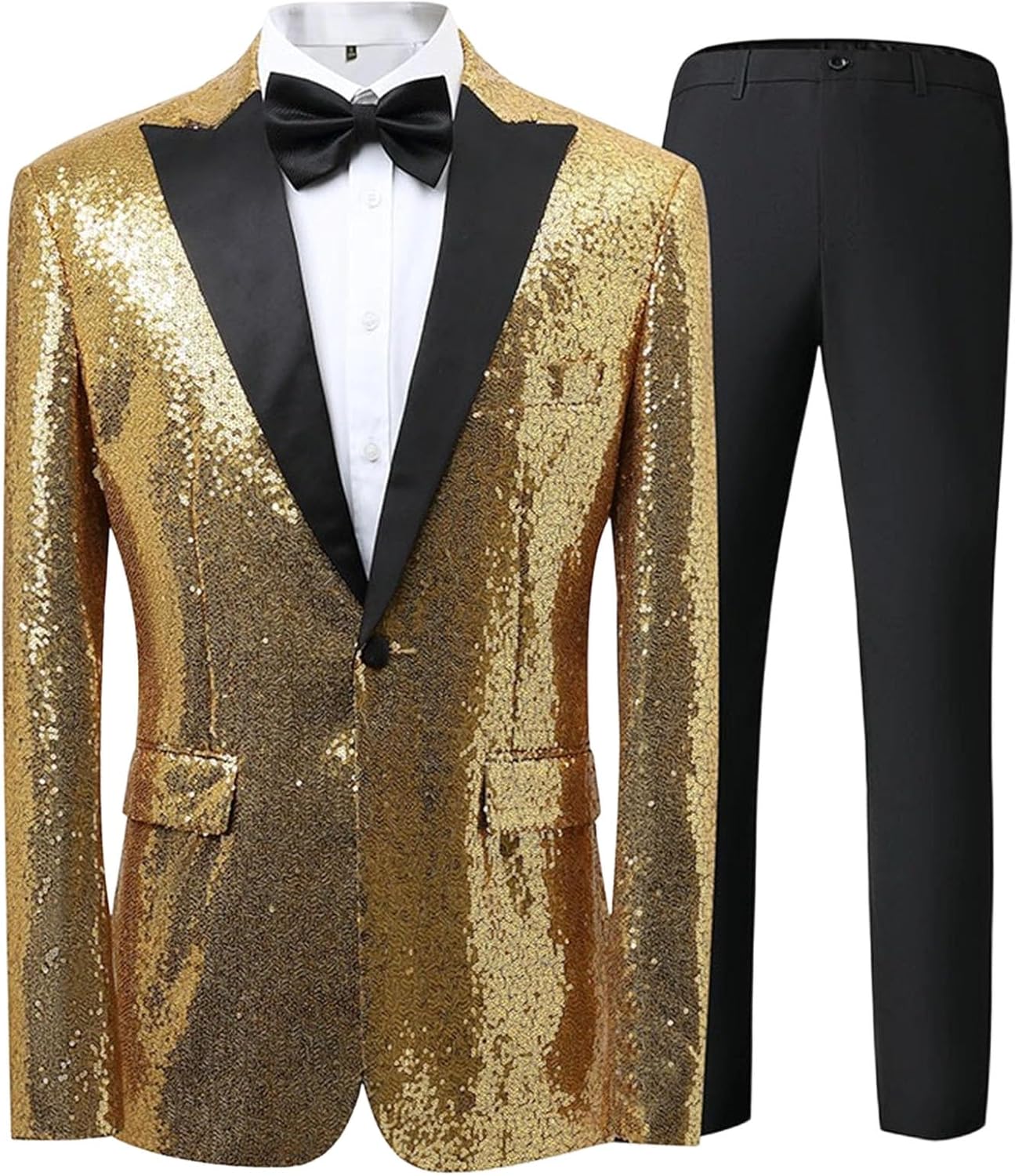 Mens Shiny Sequin 2 Piece Tuxedo Suit One Button Slim Fit Pants Jacket Sets for Prom Wedding