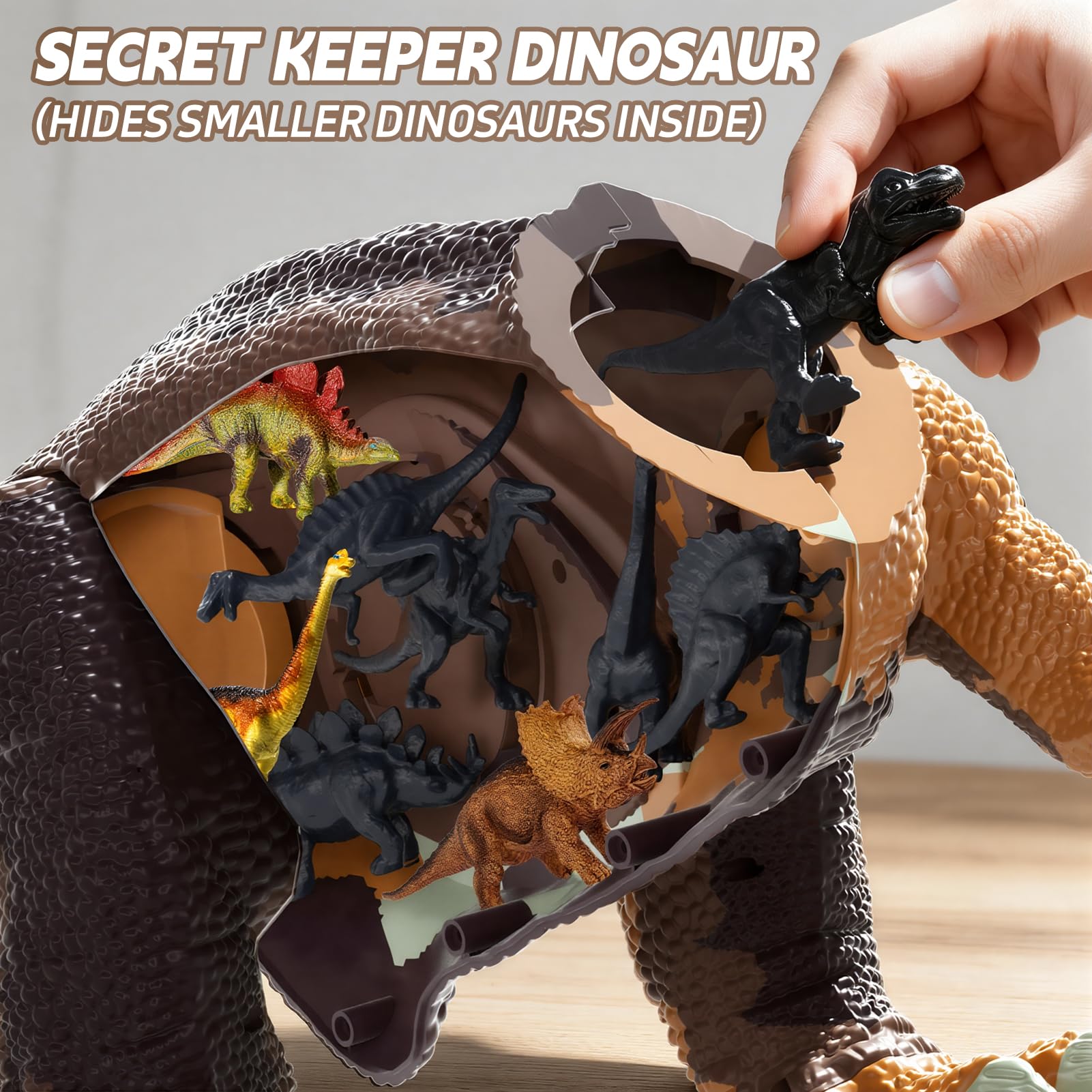 Figura de Dinosaurio de 24 Pulgadas con Ruedas Móviles, Rugido y Spray de Neblina – Cabeza y Cola Extraíbles, Contiene 10 Mini Dinosaurios – Juego Interactivo para Niños (Marrón)