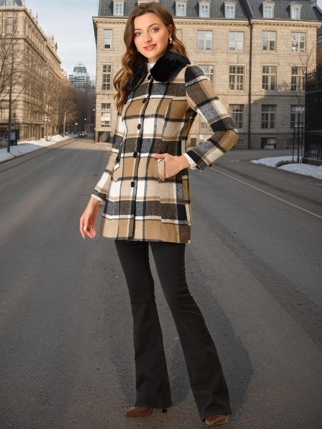 Allegra K Women's Buffalo Checks Shacket Button Down Peter Pan Collar Long Winter Plaid Coat - Image 3