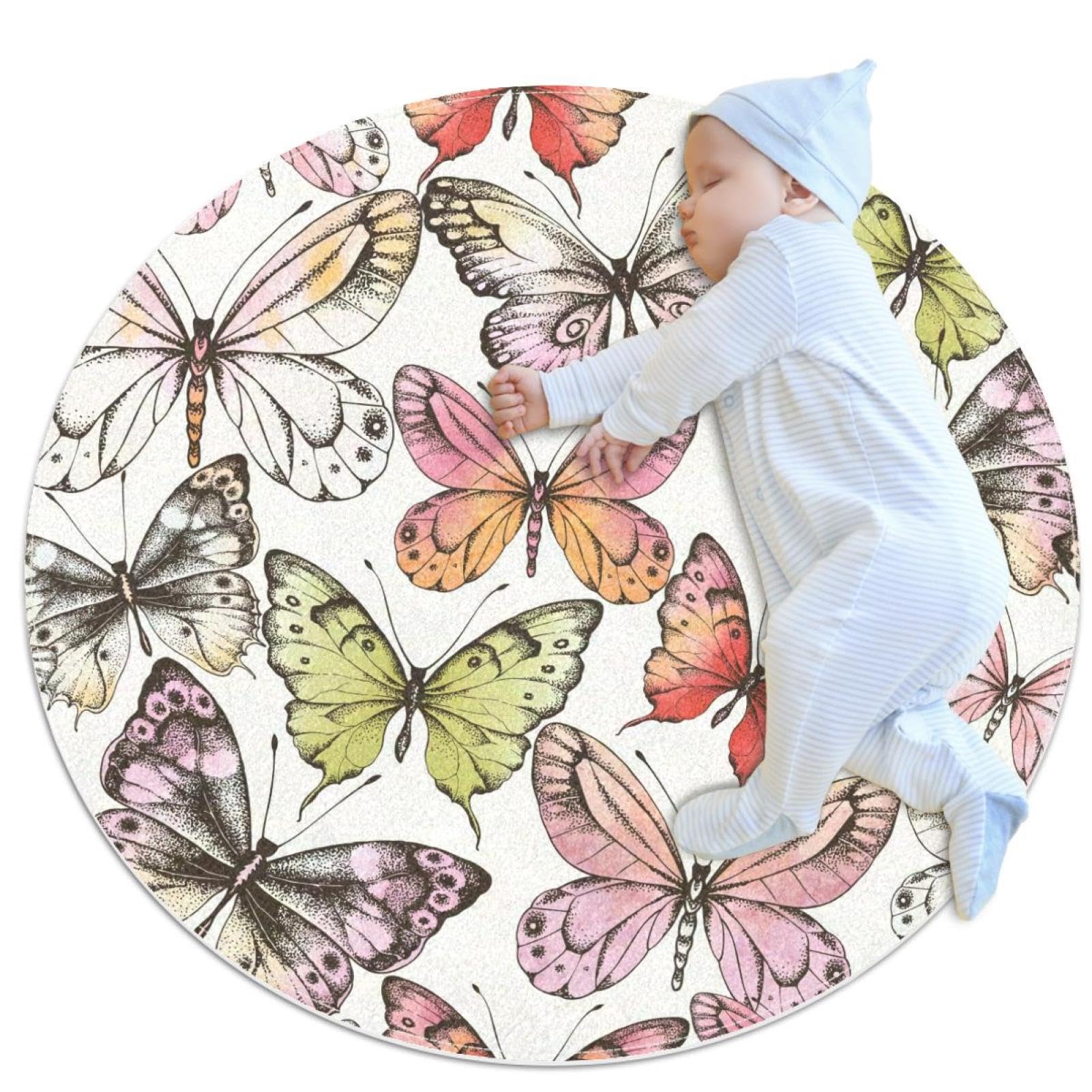 Tapis de salle de bain rond 1m motif papillon aquarelle