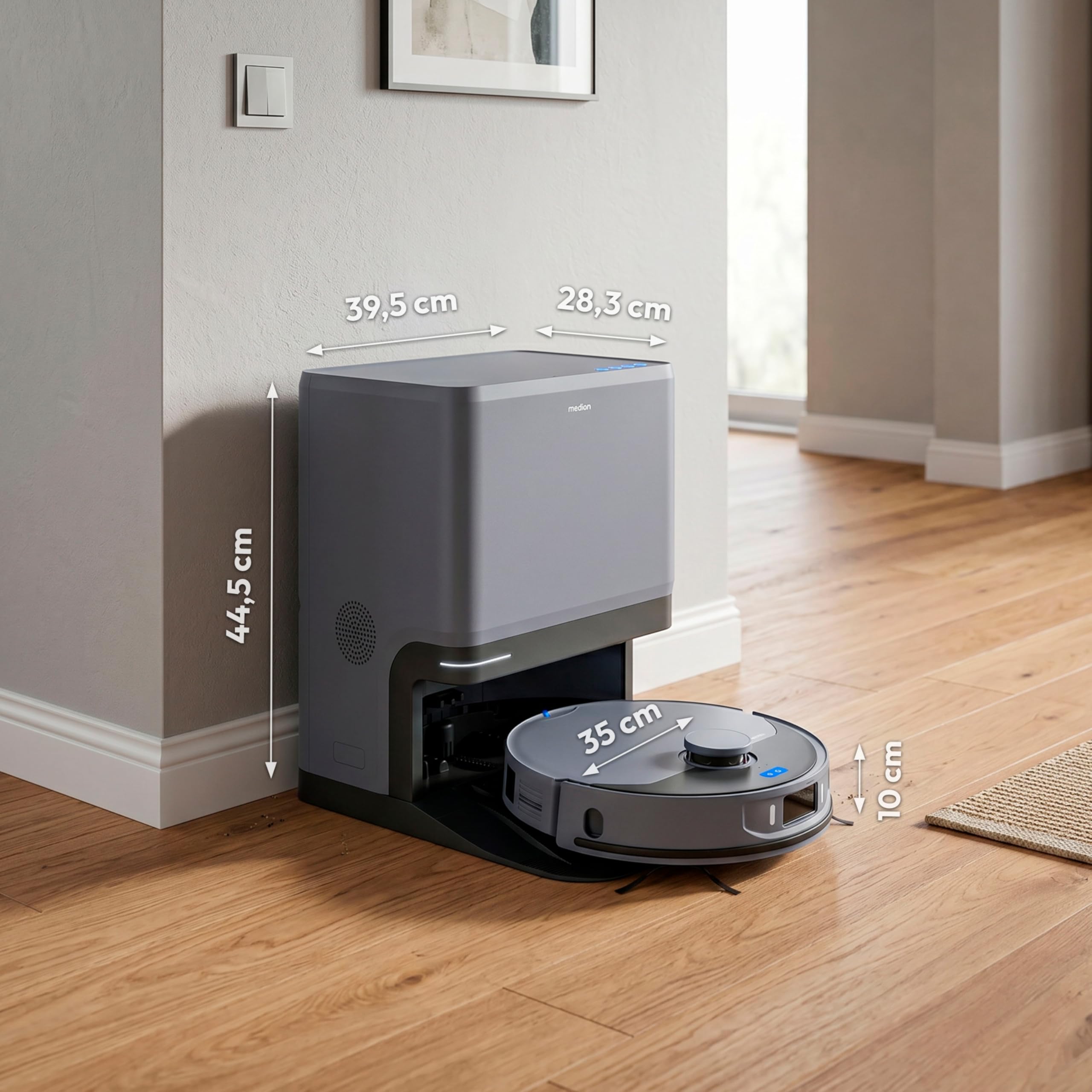 MEDION Saugroboter mit 3-in-1 Absaugstation, Lasernavigation und Wischfunktion X55 SW+ Pro (Starke 10000Pa Saugkraft, 2in1 Roboterstaubsauger, rotierende Wischmopps, Kreuzlinienlaser)
