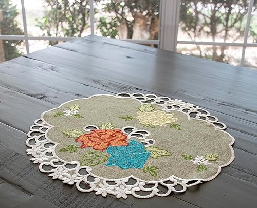 Miniatura 3 de Bordado colorido suroeste rosa sobre mantel individual redondo verde, mantel individual (redondo de 15 pulgadas)