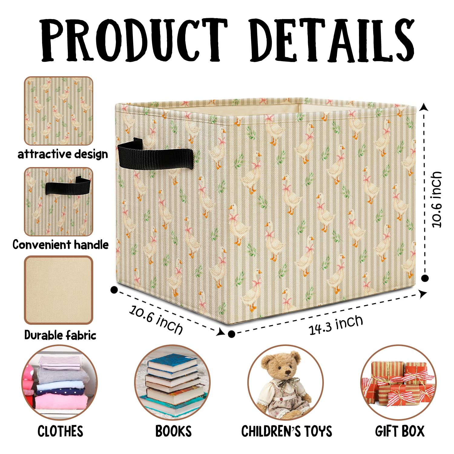 Coquette Pink Bow Goose Storage Bins Box with Handles, Green Botanical Goose Striped Laundry Basket Hamper Collapsible Clothes Toys Organizer for Nursery Girls Bedroom Bathroom