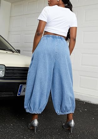 LKOUS Baggy Jeans for Women Wide Leg Plus Size Elastic Waist Barrel Denim Pants Trousers with Pockets