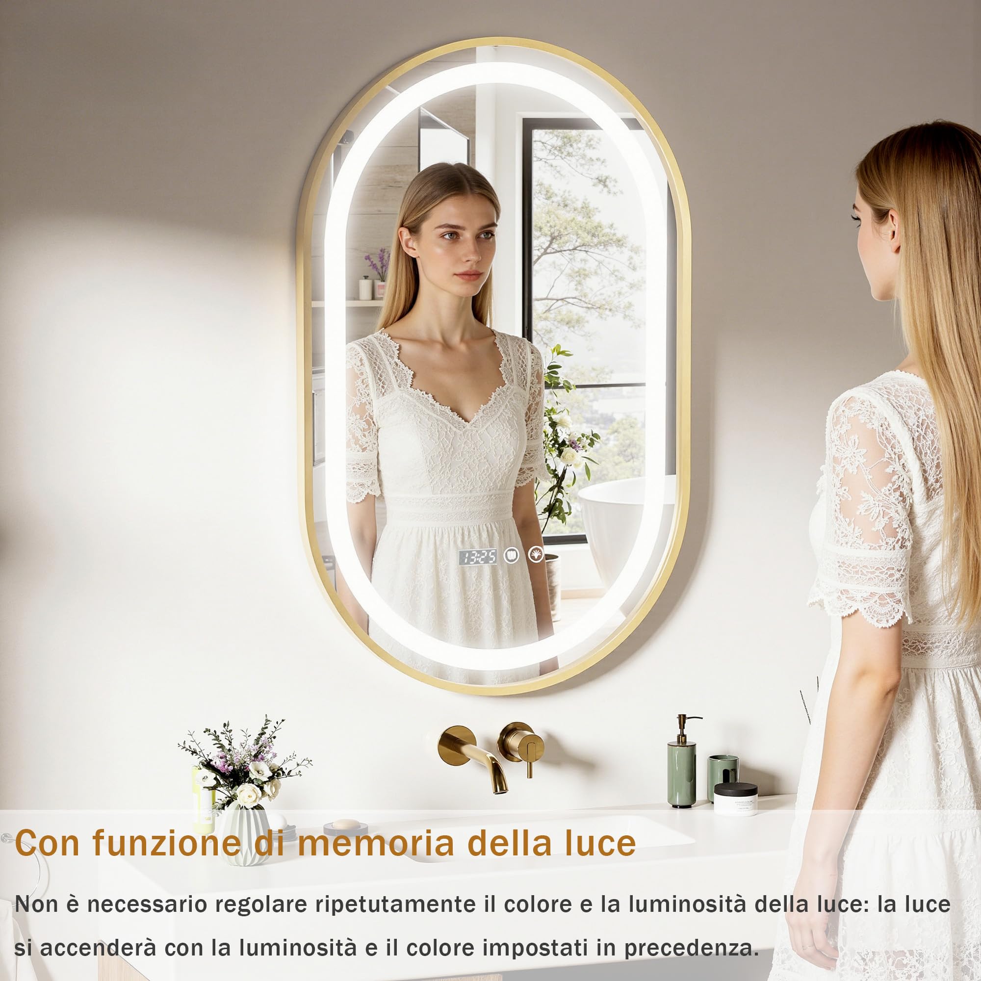 Specchio Bagno con Luce e Antiappannamento 50x80 cm Ovale Specchi da Parete con Orologio e indicatore della Temperatura per Bagno Led illuminato Regolabile in 3 colori (Spina standard-EU)