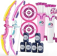 Vista 16 de Paquete de 2 arcos y flechas para niños de 4 a 6 años, juego de tiro con luz LED con 24 flechas de ventosa, 1 objetivo de pie, 6