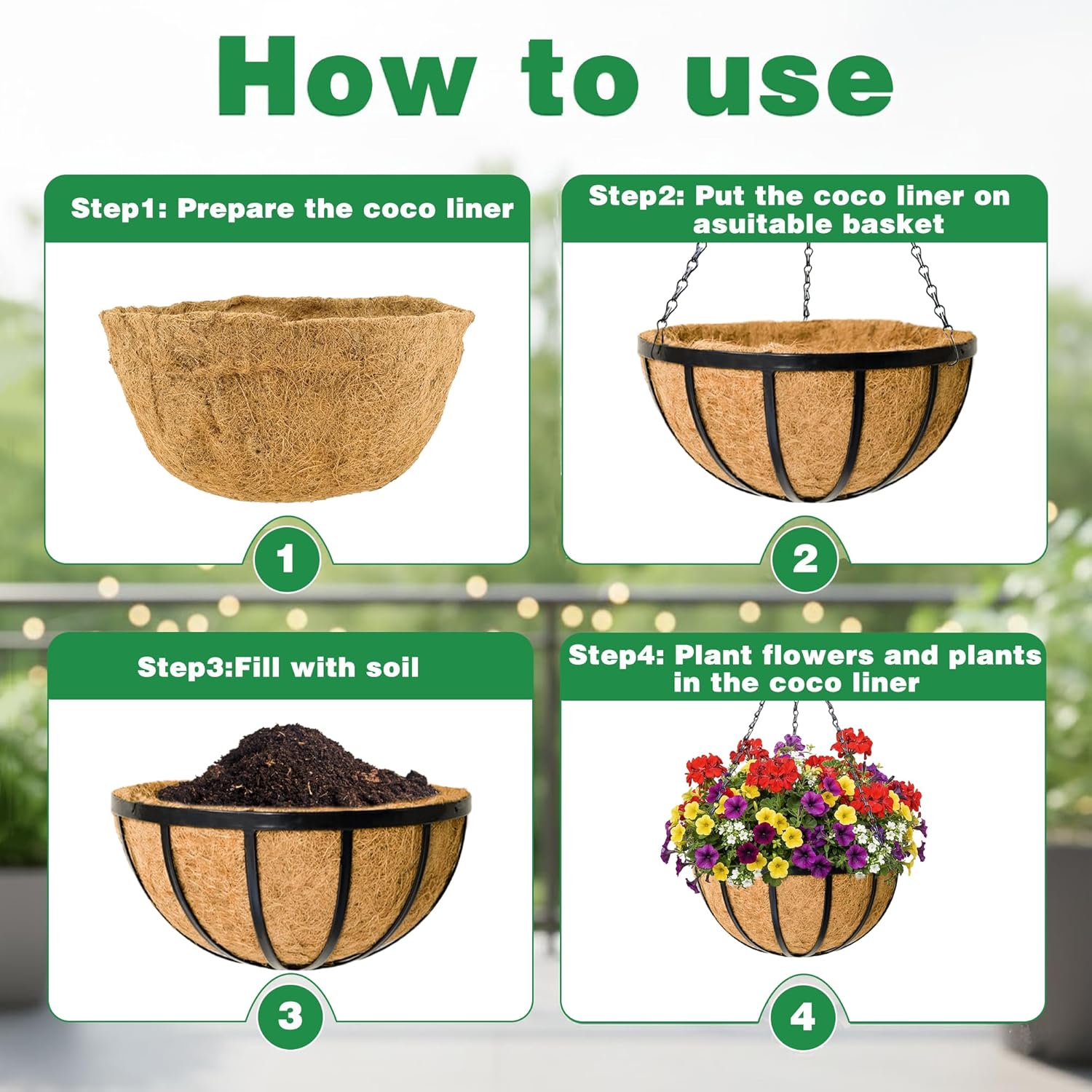 2 Pack 12 Inch Hanging Planters for Outdoor Plants Metal Hanging Planter Basket with Coco Coir Liner Round Plant Black Flat Iron Metal Flower Pots for Deck Patio Porch Garden Balcony