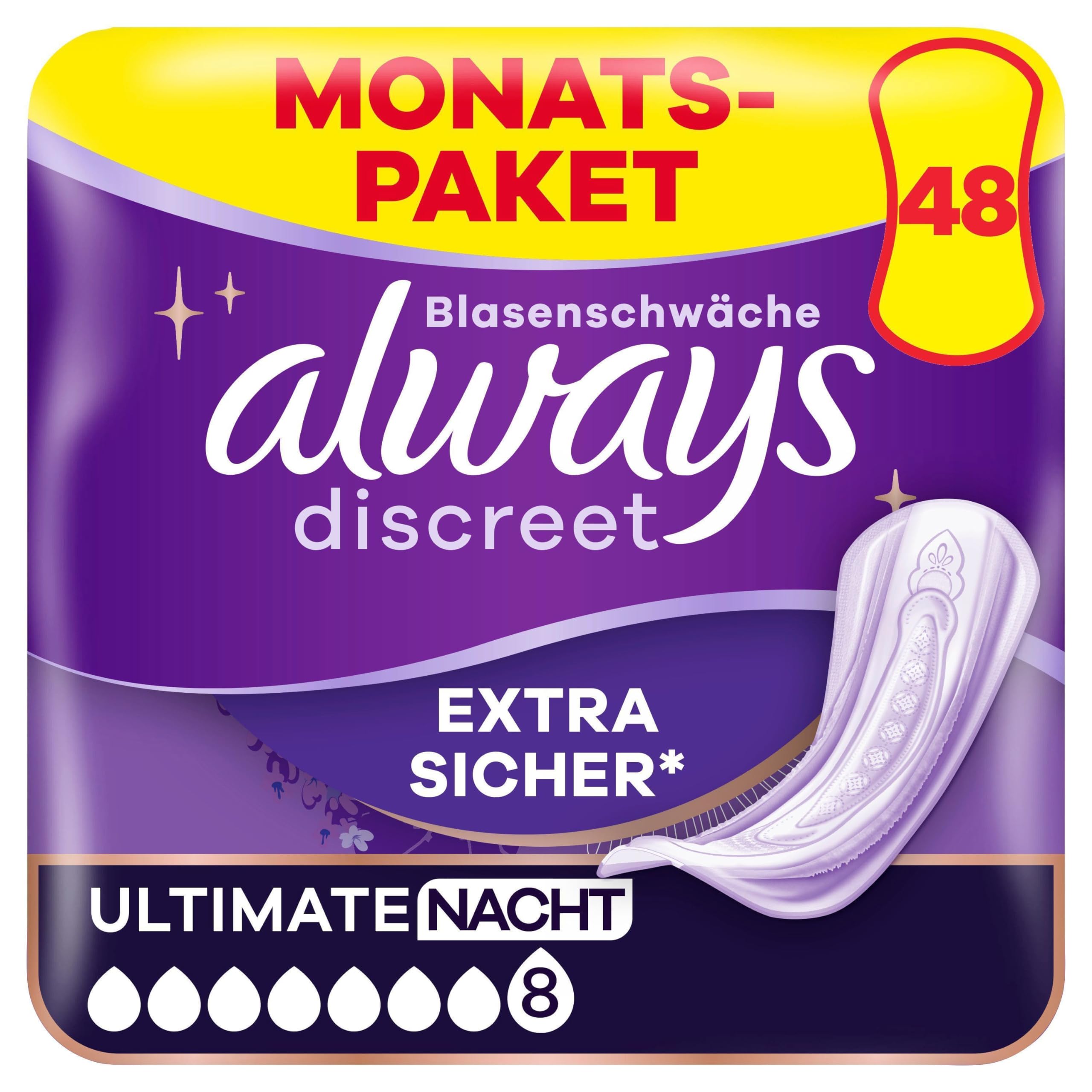 Always Discreet Inkontinenzeinlagen für Frauen Ultimate Nacht 48 Stück Extra Sicher und Diskret