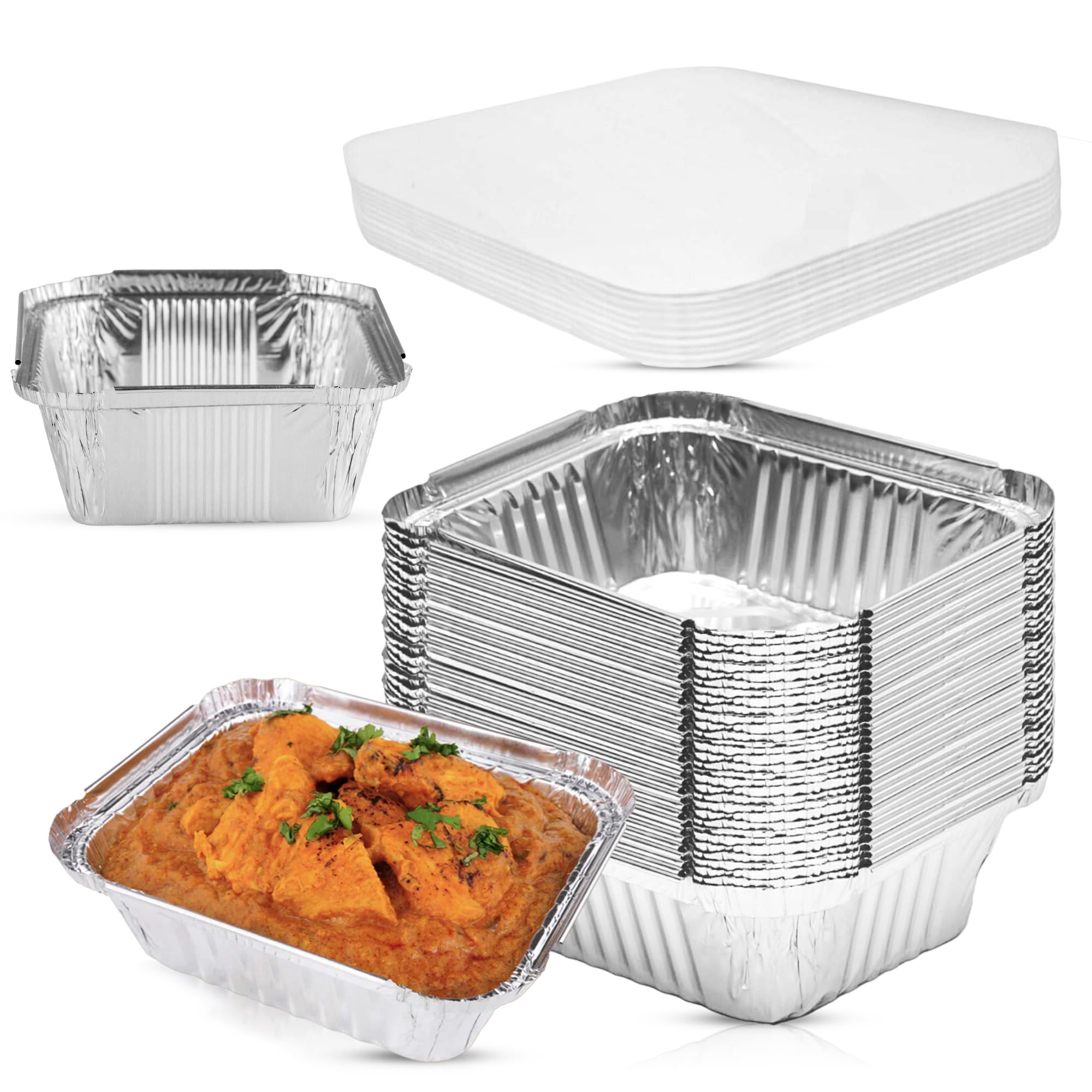 CHEF ROYALE 50x Disposable Aluminum Foil Containers with Lids | Large Disposable Foil Trays Containers | Rectangular Tin Foil Trays for Food Storage, Baking, Roasting, Meal Prep and Takeaway (420ml)
