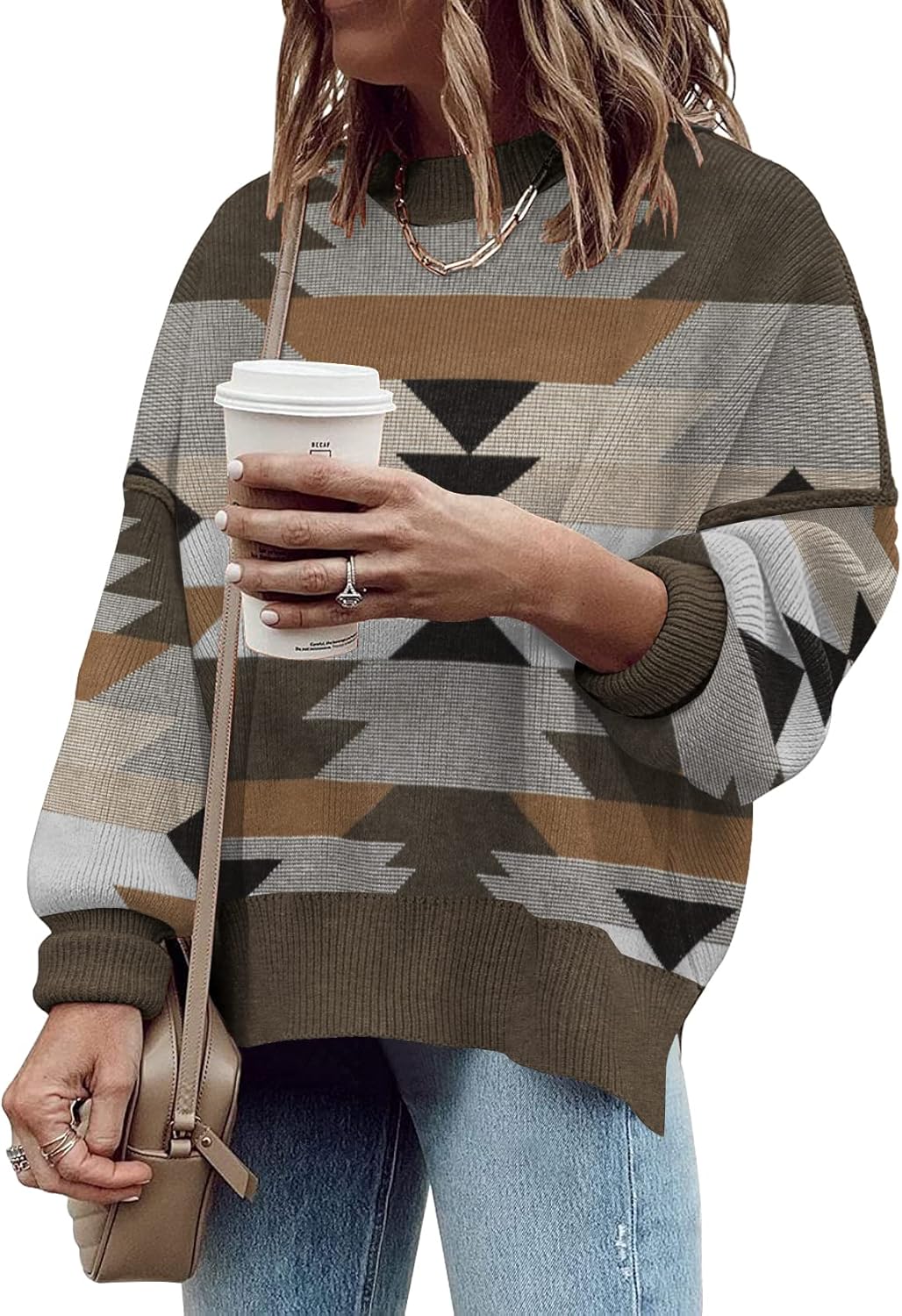 Women's Oversized Crewneck Sweaters Batwing Long Sleeve Side Slit Ribbed Knit Pullover Sweater Tops