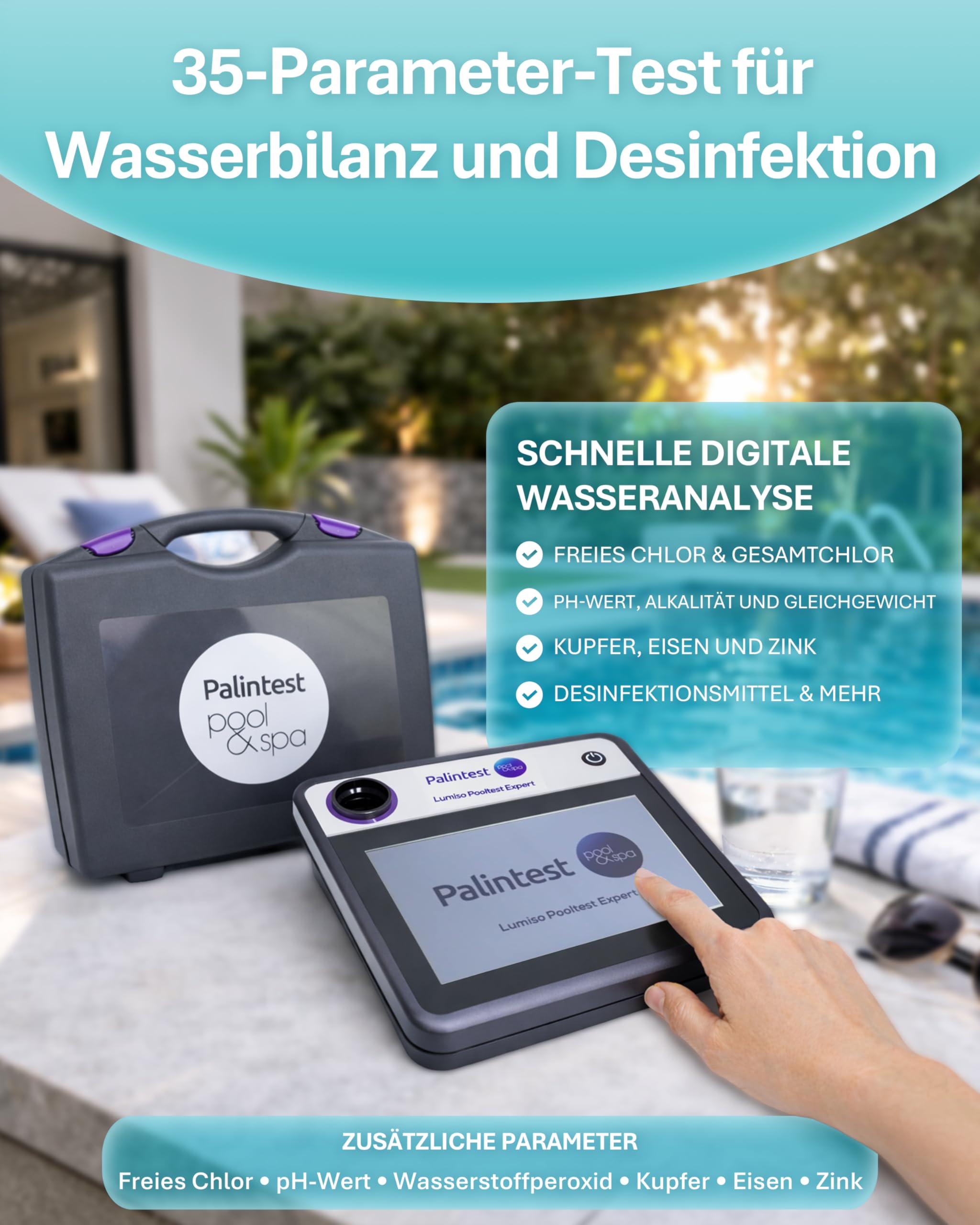 Palintest Lumiso Pooltest Expert Photometer Kit | 35-Parameter Pool- & Spa-Wasseranalyse | IP67 Tisch-Photometer mit Datenlogging & Touchscreen | Reagenzien & Hartschalenkoffer