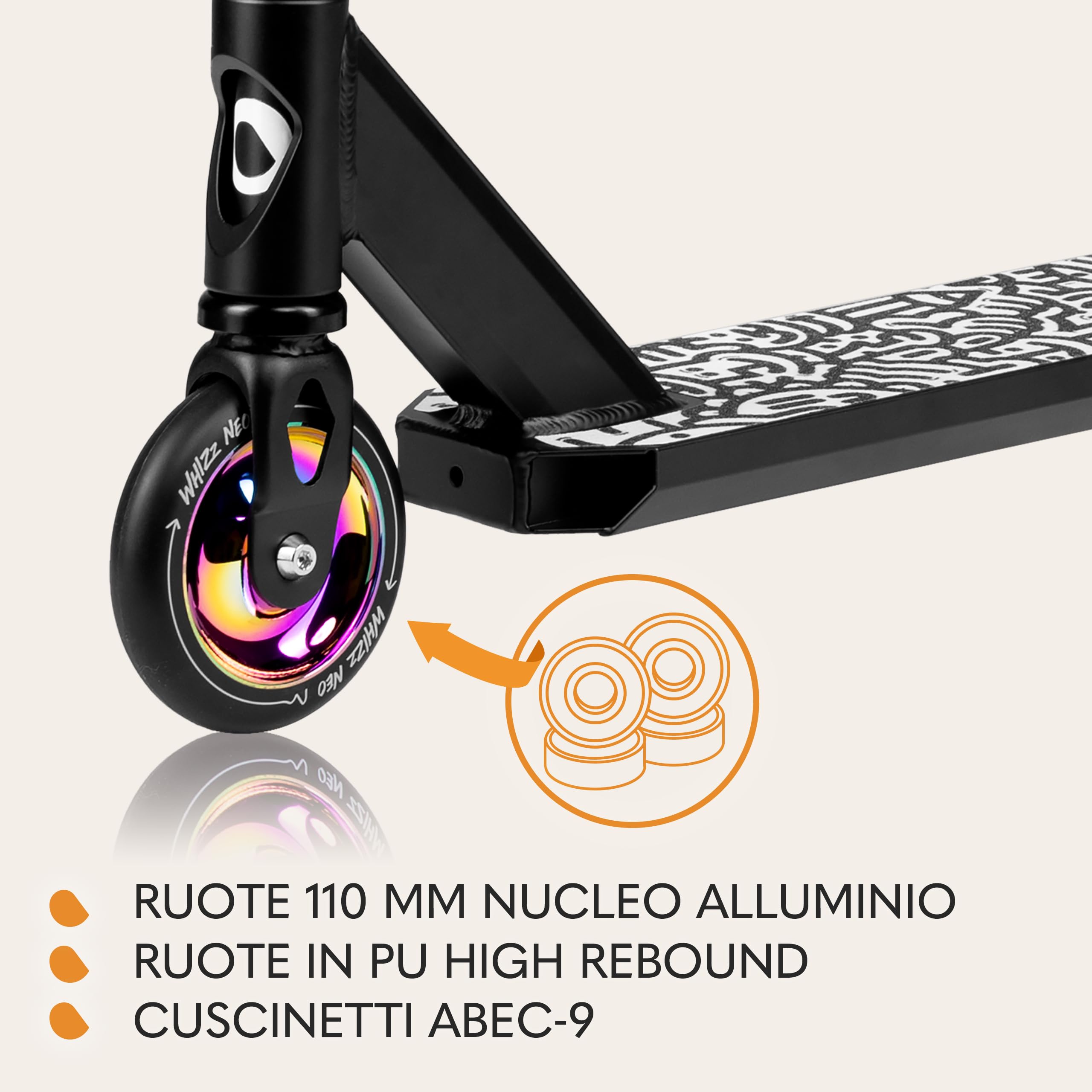 LIONELO Whizz Monopattino Stunt Scooter Freestyle, Cuscinetti ABEC-9 Deck in Alluminio Sistema di Compressione HIC Ruote da 110 mm Manubrio a T Largo, Freno Flex Fender MN Steel, Design Unico (Neon)
