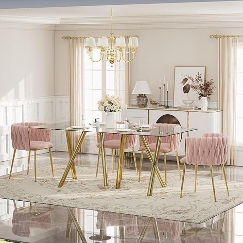 Miniatura 13 de Glam Style - Juego de mesa de comedor de 5 piezas para 4, mesa de comedor rectangular de vidrio templado de 51 pulgadas con base de metal dorado