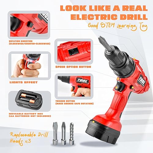 Miniatura 3 de BELLOCHIDDO Banco de herramientas para niños, banco de trabajo STEM para niños pequeños de 82 piezas con taladro eléctrico realista, juguetes de
