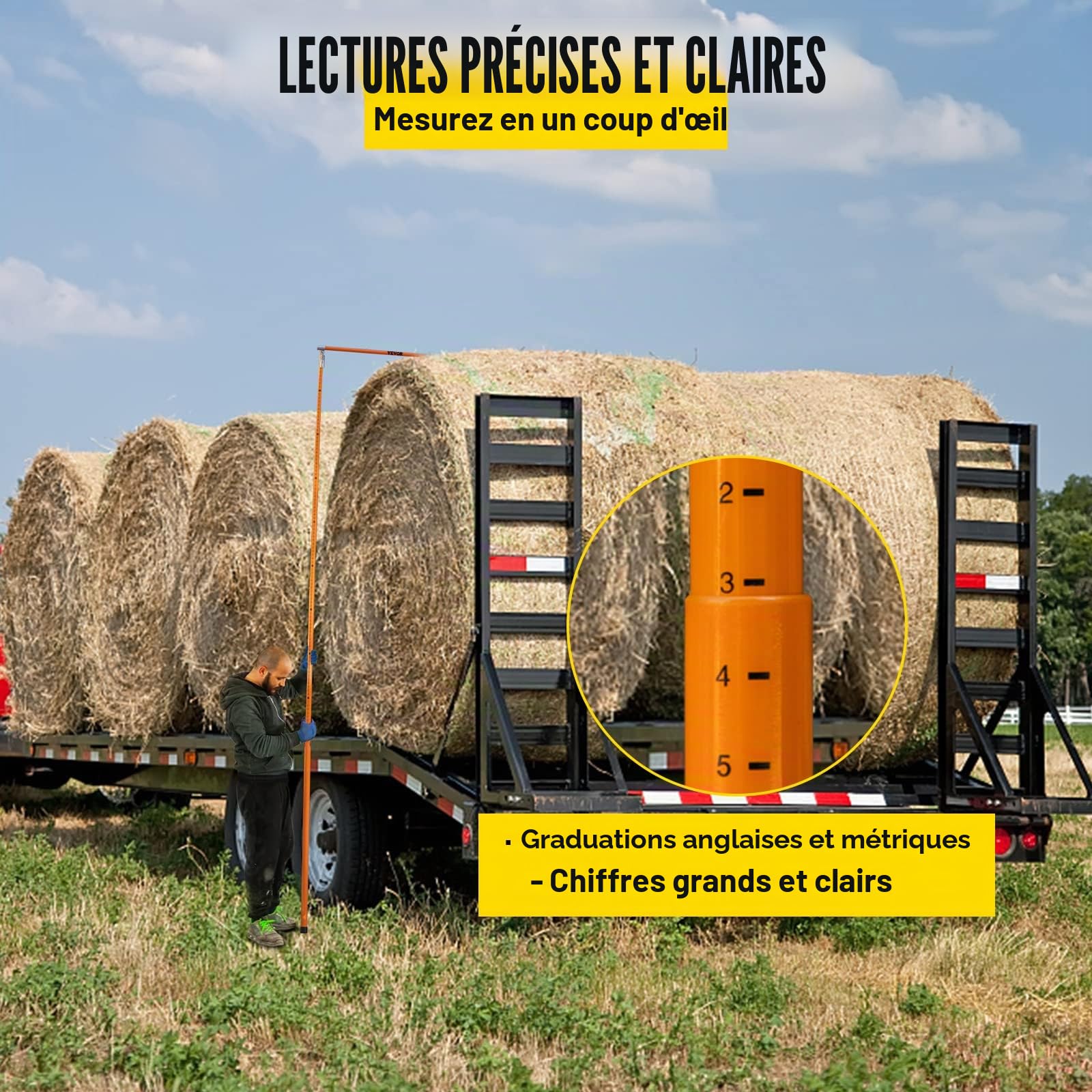 VEVOR Canne Télescopique Mesure Hauteur, Bâton de Mesure de la Hauteur de Charge Plage 140-457 cm, en Fibre de Verre avec Poteau Réglable, Non Conducteur avec Sac de Transport, pour Transport Camion