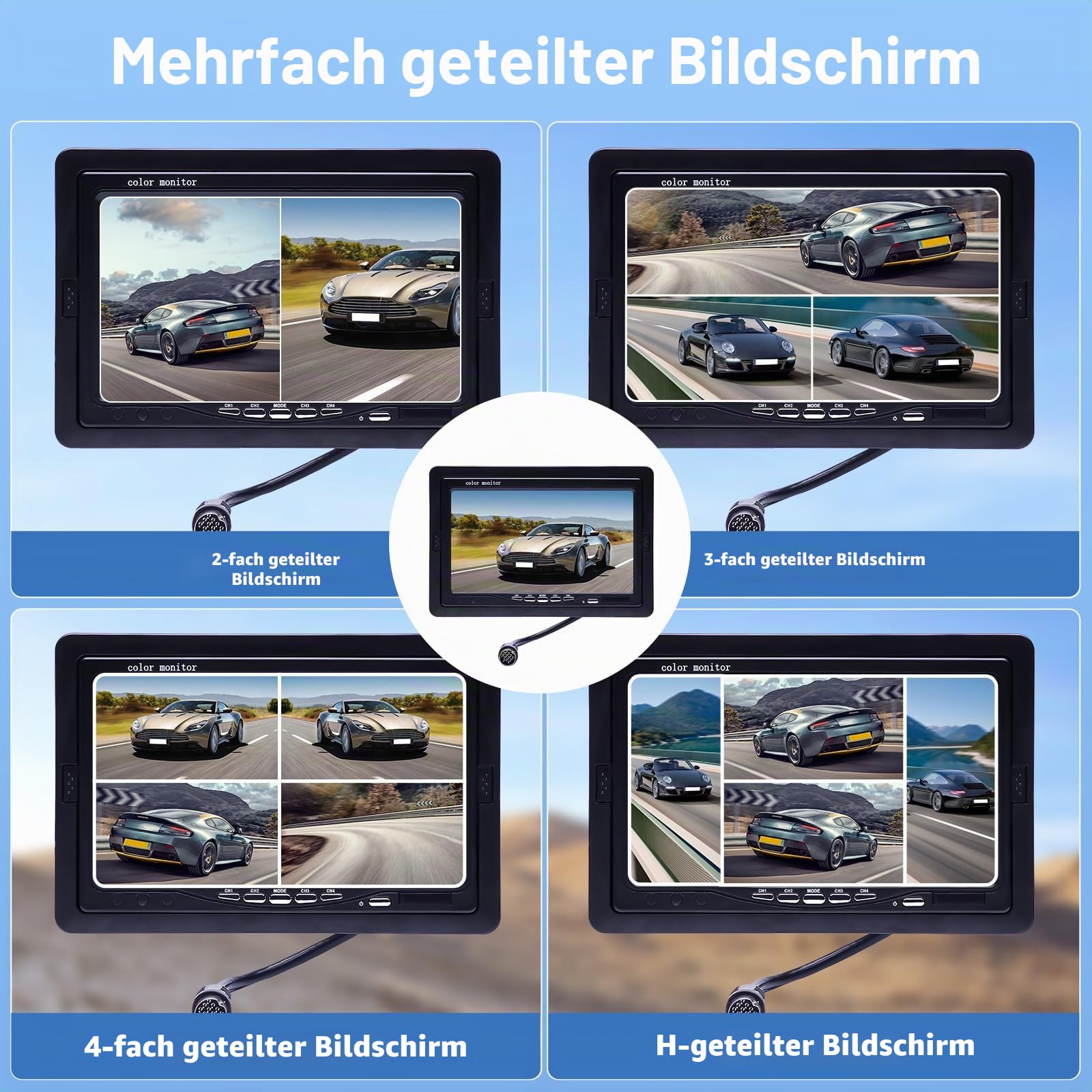 Camecho Dual Backup Kamera 4 Split Monitor hinten Kamera Auto 18 IR-Nachtsicht wasserdicht Aviation 4 Pins Anschluss 33 ft Kabel Für LKW/Wohnmobil-/Trailer/Bus