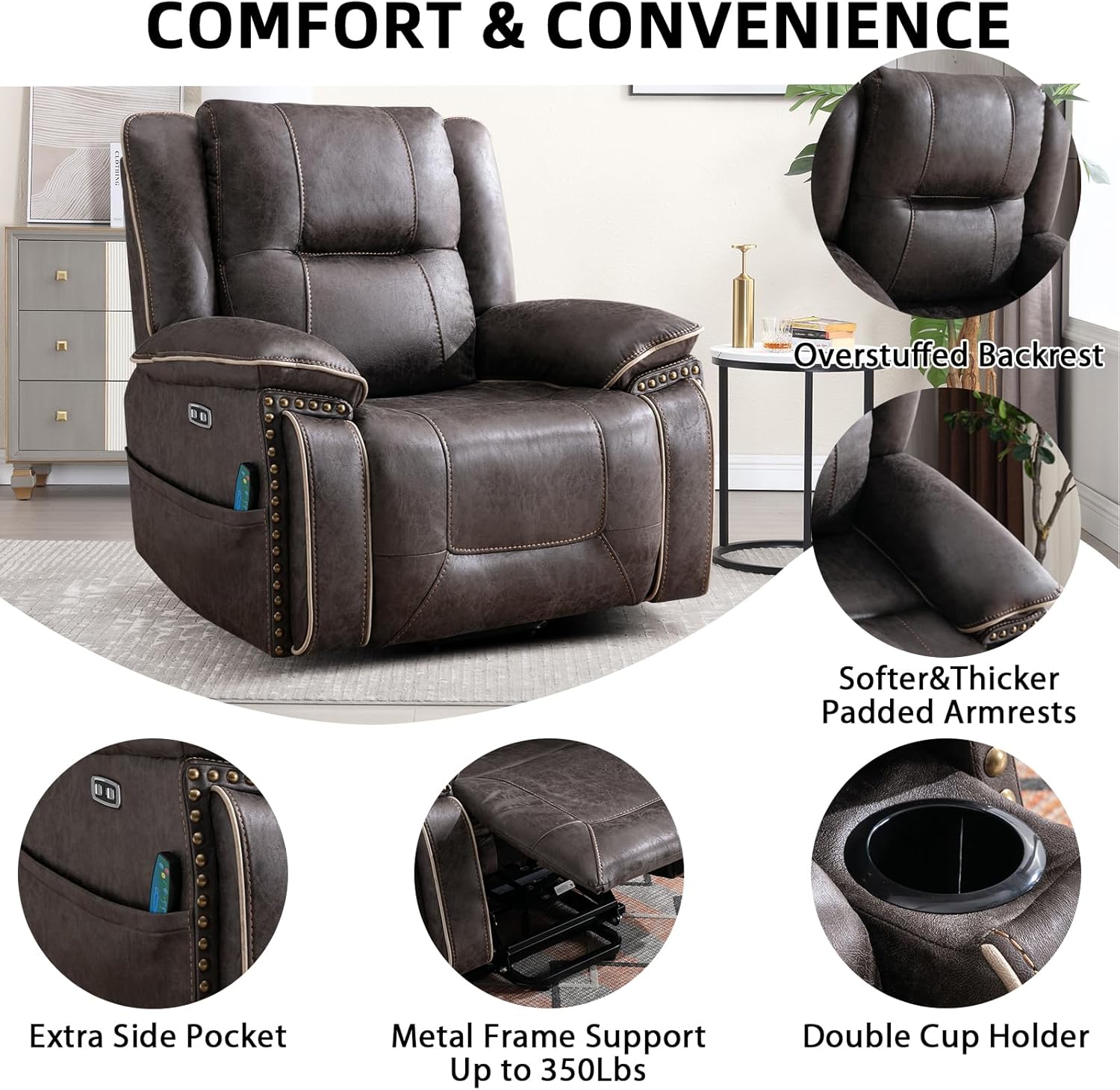 IOMOR Dual Motor Power Lift Chair for Elderly, Heavy Duty & Safety Motor Reclining Chair with Massage and Heat, Faux Leather Electric Wider Recliner with USB, 2 Concealed Cup Holders (1, Smoke Gray)