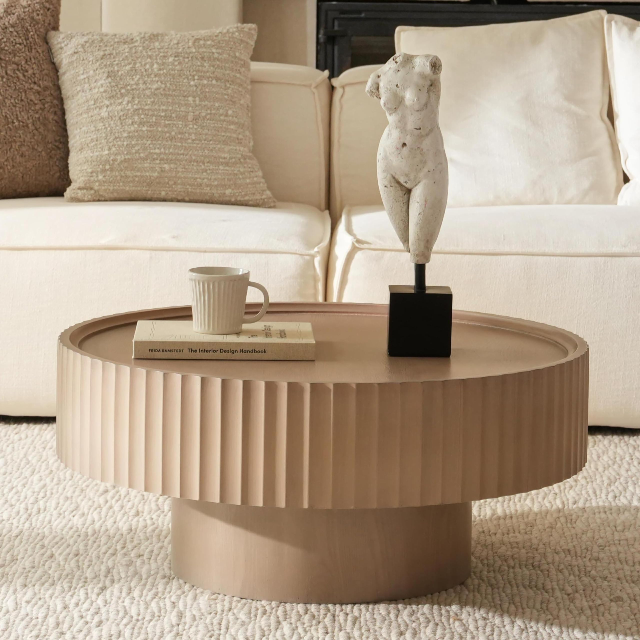 FAME HOME Round Coffee Table with Storage, 30.3” Fluted Drum Modern Living Room Table, Mushroom Shape Wood Gray Center Tables, Accent Coffee Tables