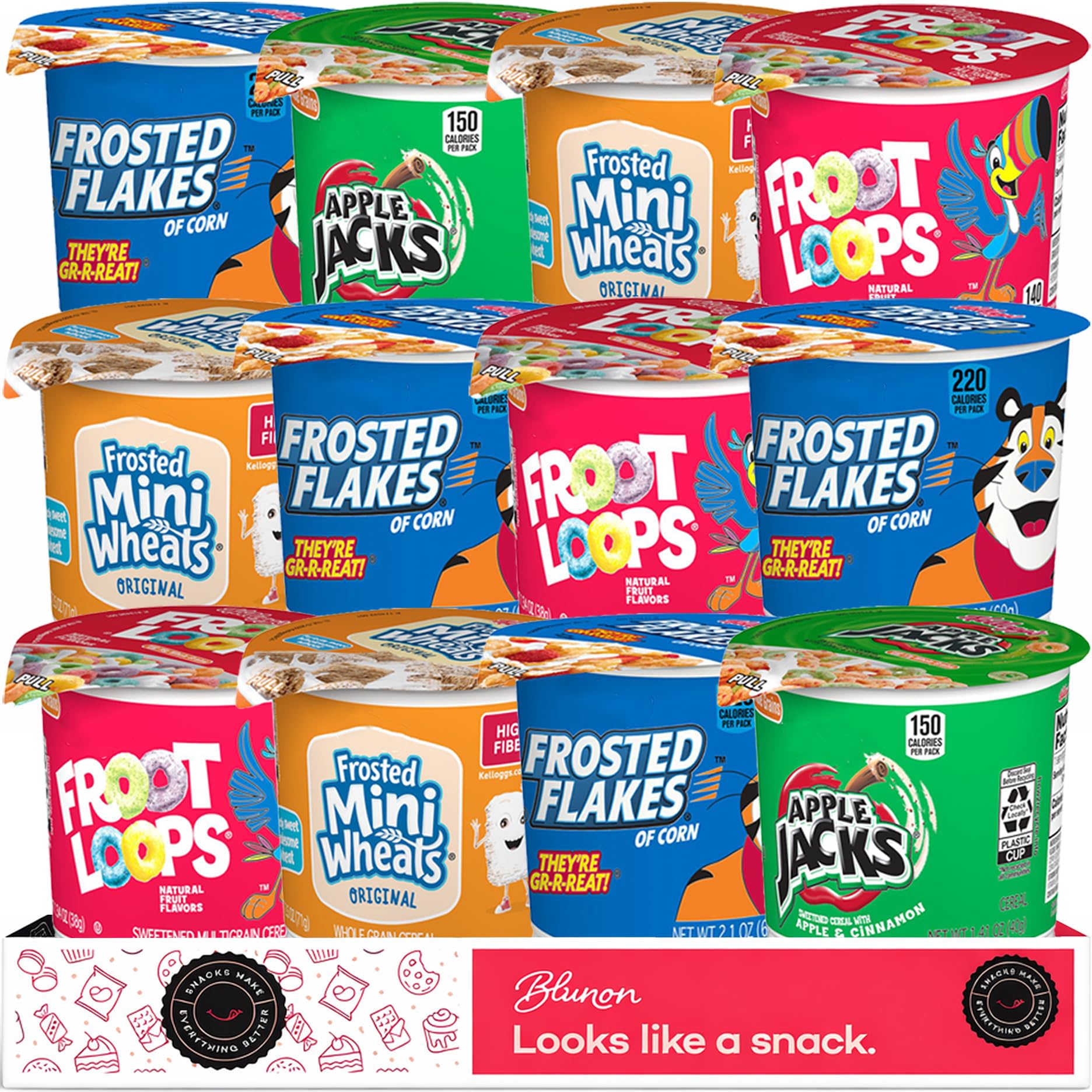 Cereal Cups Variety Pack - Single Serve Breakfast Cereal Assortment - Mini-Wheats, Frosted Flakes, Froot Loops, Apple Jacks - Care Package Gift Box (12 Count)