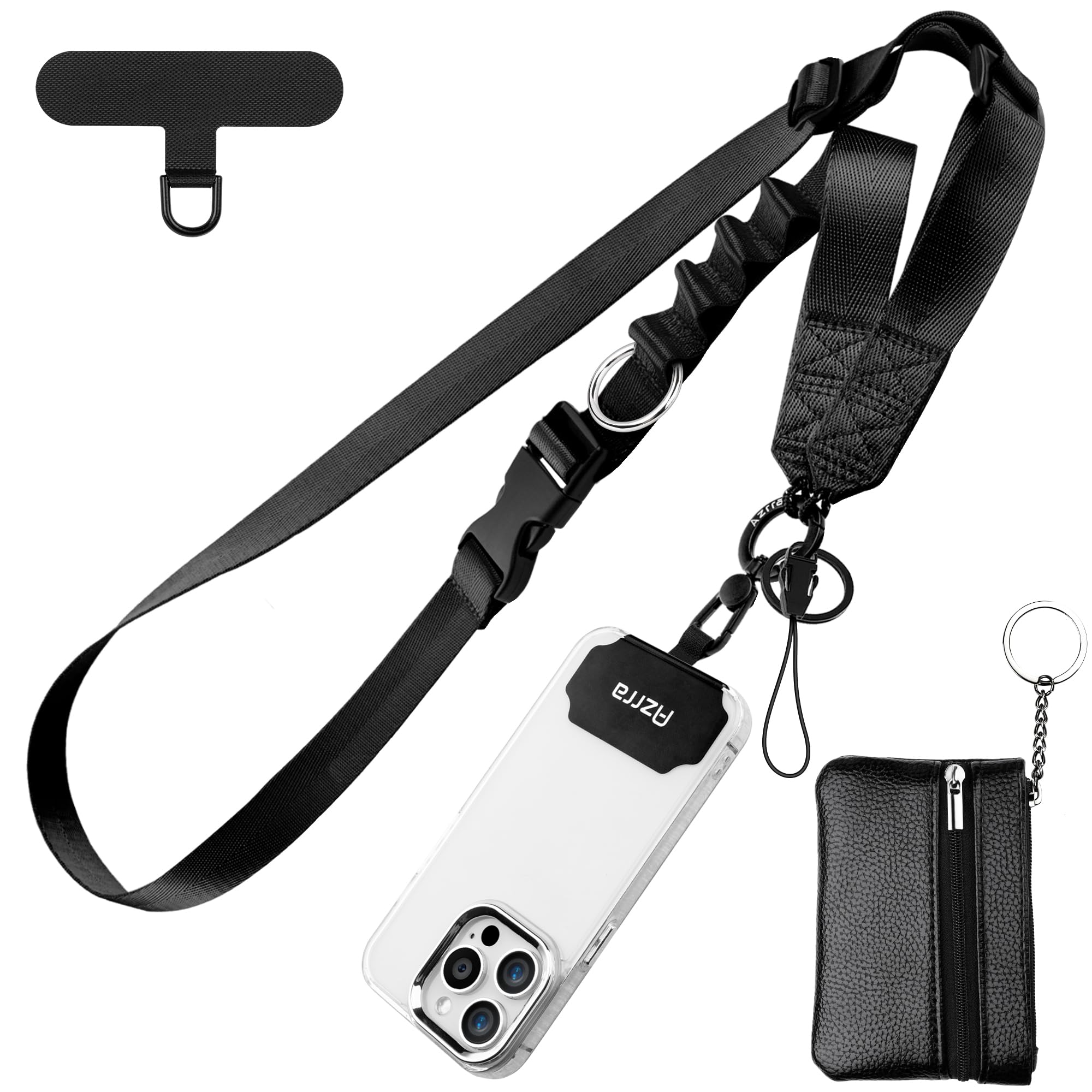 Azrra Unisex Black With Wallet Adjustable Crossbody Cell Phone Lanyard For Iphone With Phone Tethers & Detachable Card Holder Wallet
