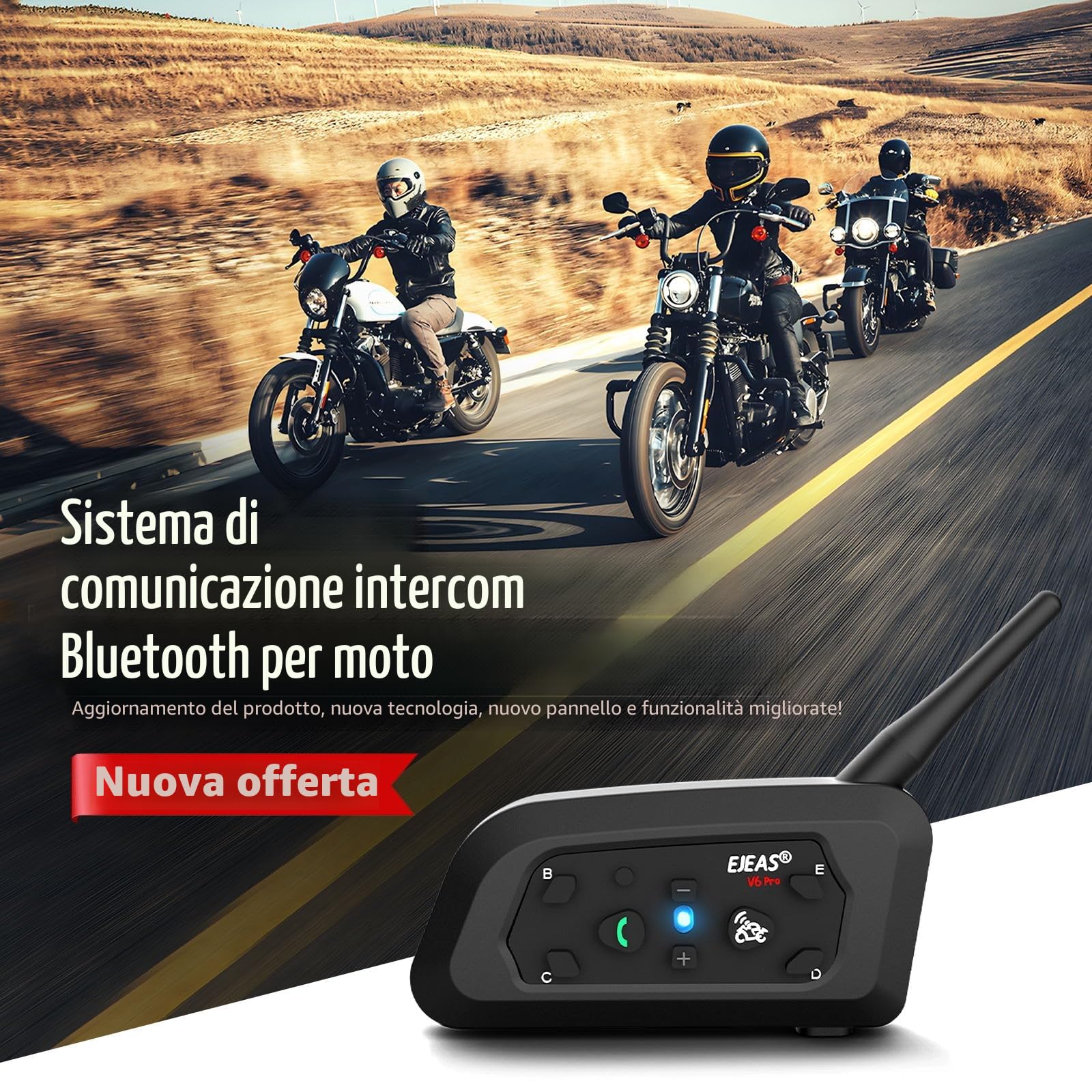 EJEAS V6 Pro+ Interfono Bluetooth per Casco Moto, Sistema di Comunicazione Bluetooth 5.1, Interfaccia Tipo C, 2 Confezione