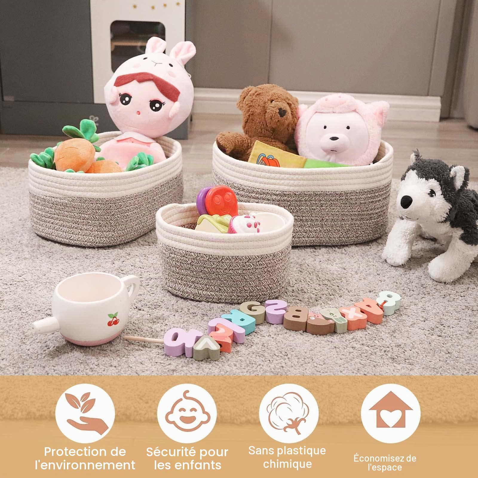 Lot de 4 paniers de rangement en corde de coton tressée, paniers de rangement pour salle de bain, table à langer, paniers tressés, empilables, polyvalents, pour décoration de chambre d'enfant