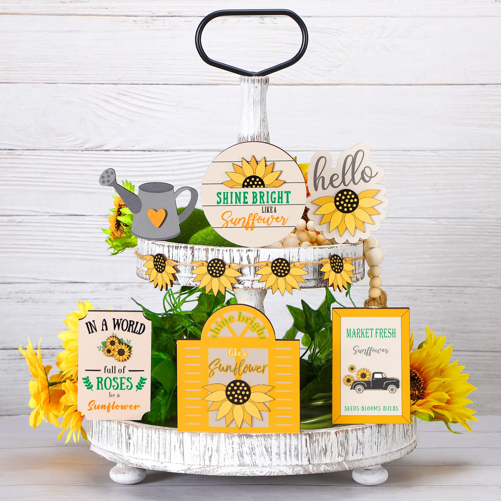 7 Pieces Summer Tiered Tray Decor Set Summer Wood Sign Rustic Farmhouse Decor Wooden Kitchen Tiered Tray Sign Decorative Trays Signs for Summer Home Kitchen Table Shelf (Sunflower Style)
