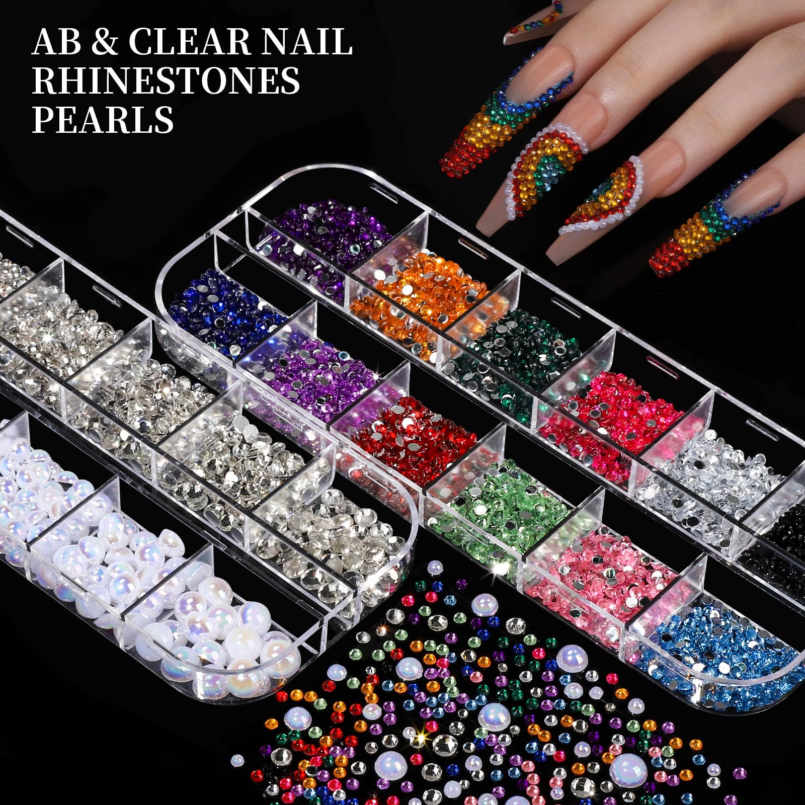 Dijes para uñas, kit de diamantes de imitación para uñas con 8 cajas de gemas para uñas, dijes 3D para uñas, diamantes de imitación transparentes de colores planos, cristales de uñas 6
