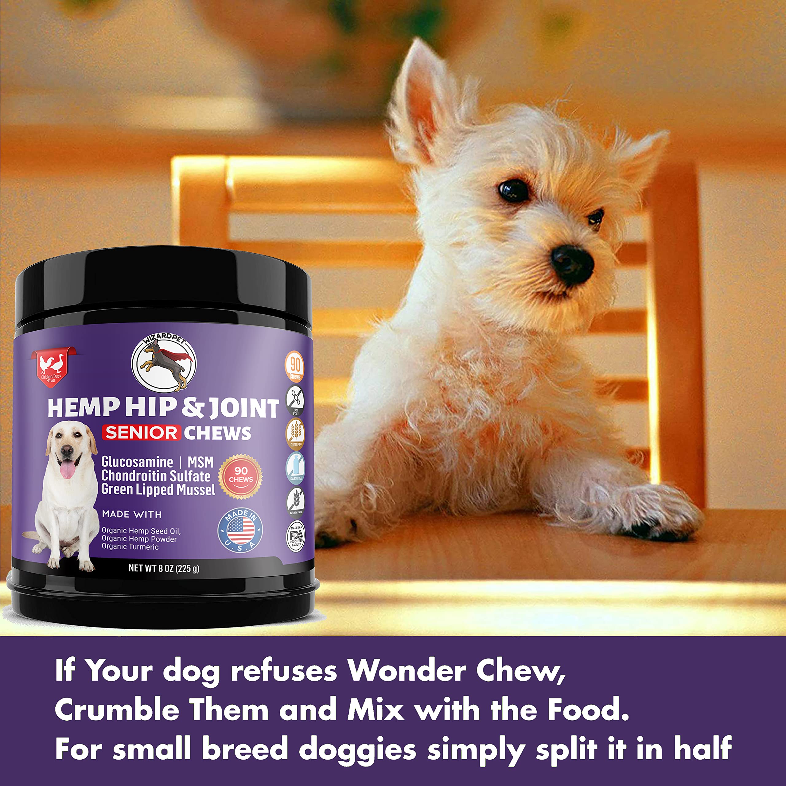 Mobility Hemp Oil Hip & Joint Supplement for Senior Dogs Chondroitin Glucosamine MSM Turmeric Green Lipped Mussel Extra Strength Formula for Dog 90 Chews - image 3