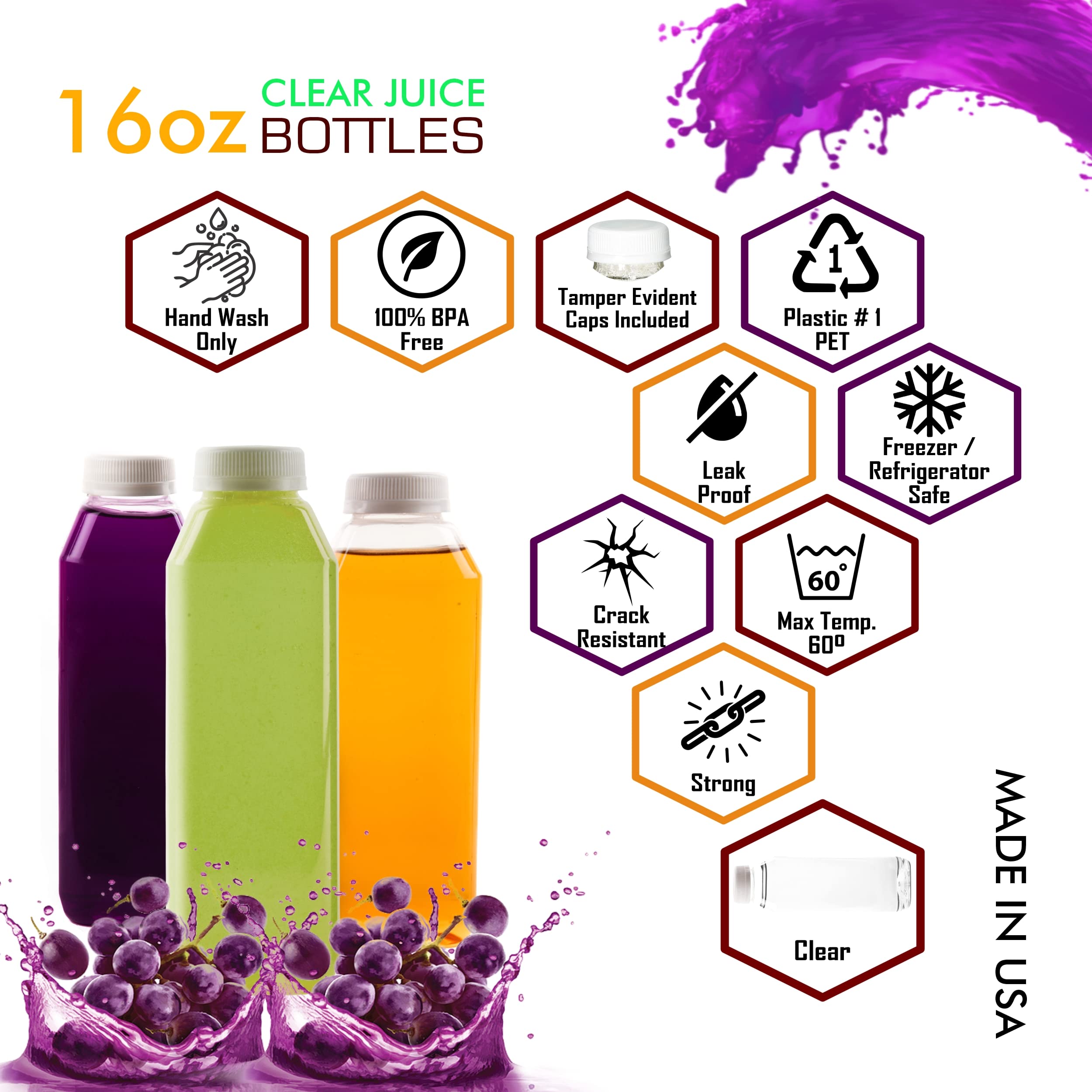 Empty Clear Plastic Juice Bottles with Tamper Evident Caps 16 OZ - Smoothie Bottles - Ideal for Juices, Milk, Smoothies, Picnic's and even Meal Prep by EcoQuality Juice Containers (16 Ounce) (10)