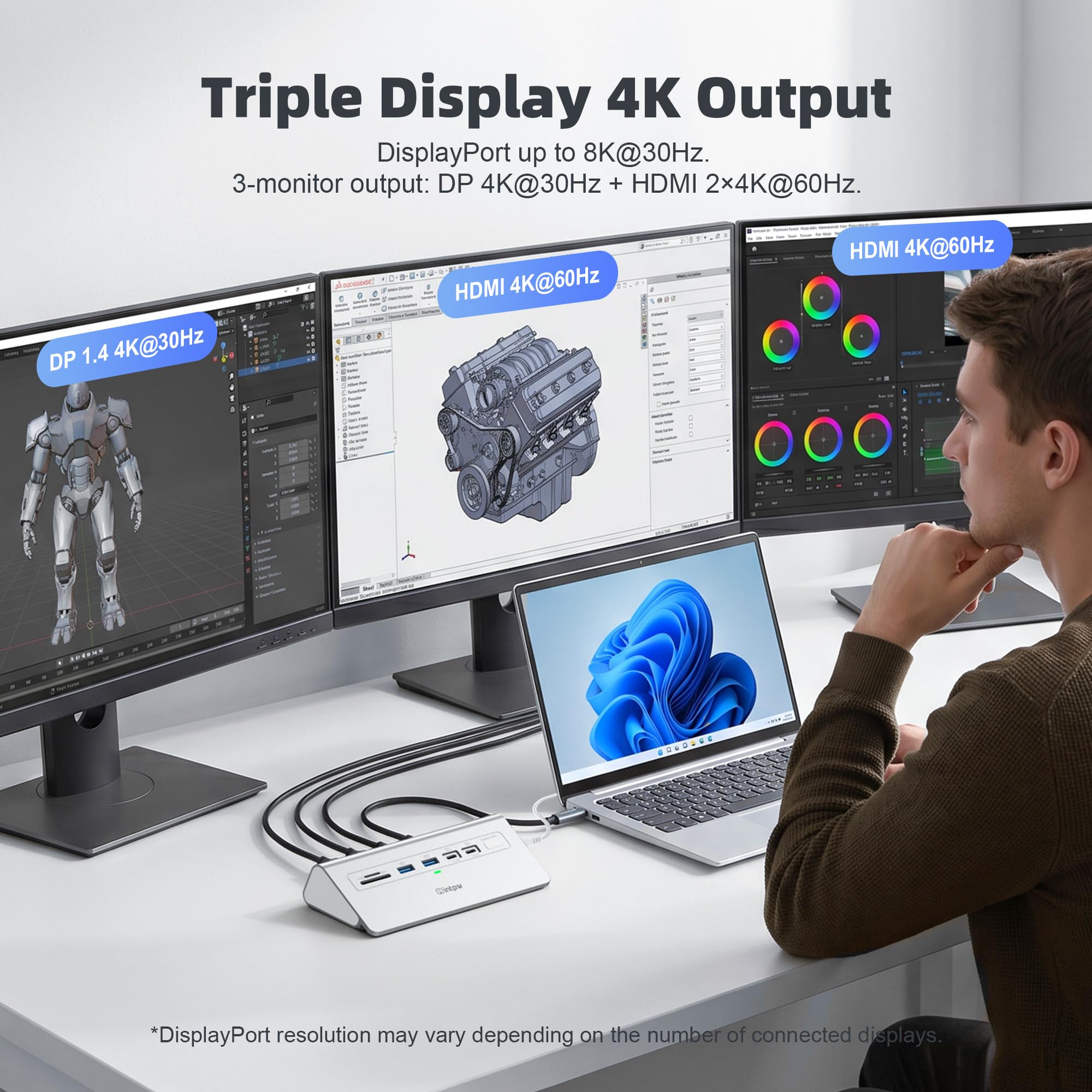 Docking station USB C 3 monitor, intpw 13 in 1 dock con doppia HDMI 4K60Hz, 8K DP, 10Gbps USB A/C, 45W PD, Gigabit Ethernet, SD/TF, audio, microfono, adattatore di alimentazione da 65 W + cavo da 3,9